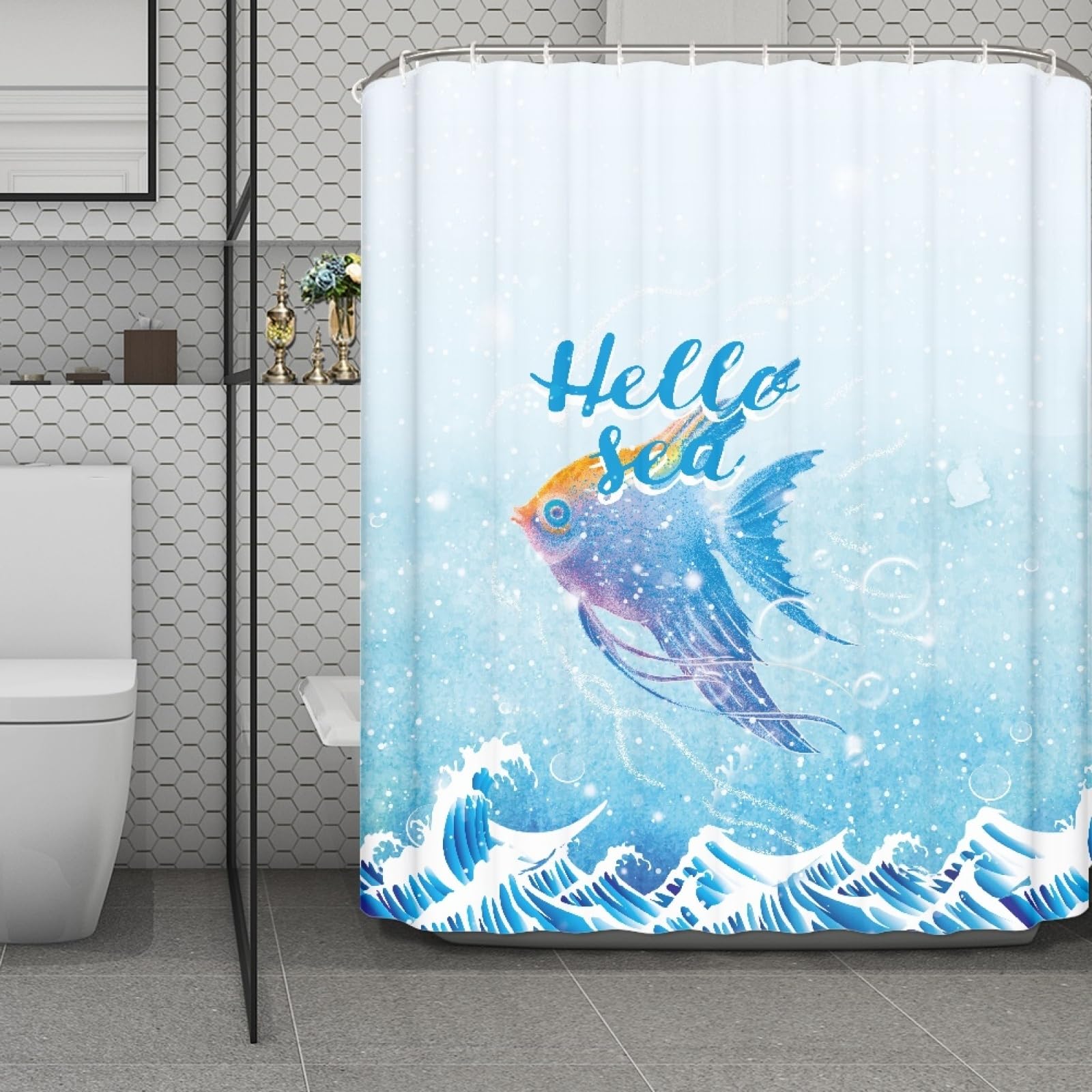 Rideau douche poisson bleu 200x240 contre les moisissures et projections d'eau