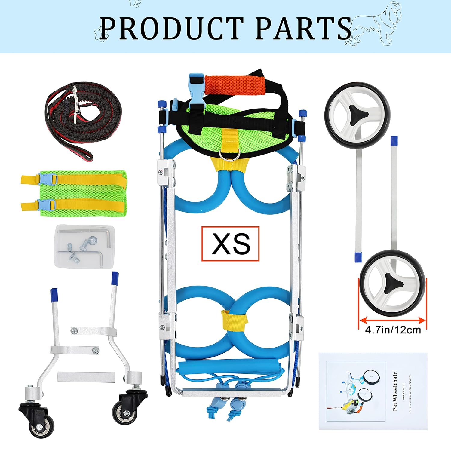 HobeyHove Adjustable 4-Wheel Dog Cart/Wheelchair, Animal Exercise Wheels，for Pet/Doggie Wheelchairs with Disabled Hind Legs Walking(7-Size) (XS)