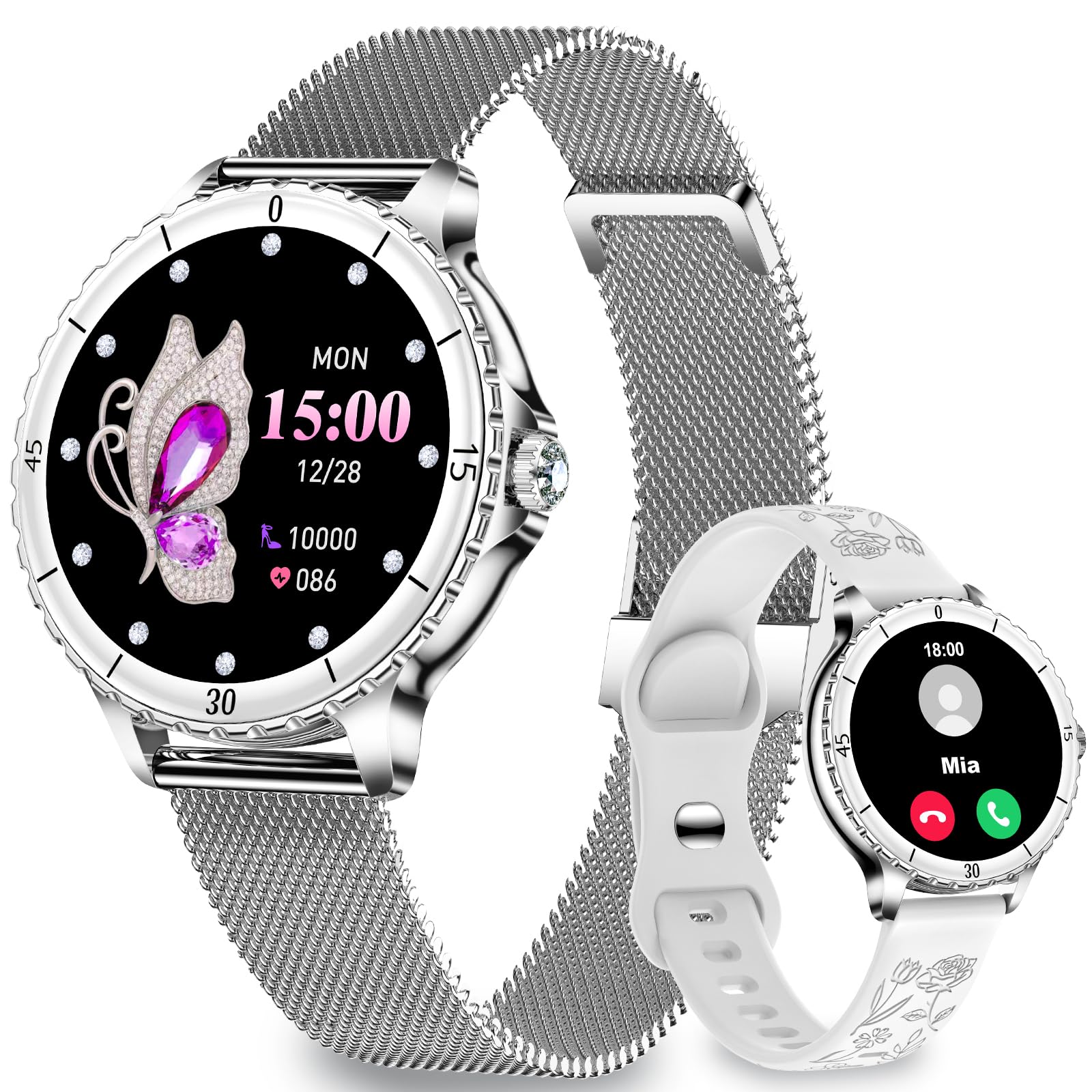 Reloj Inteligente Mujer con Llamadas, 1.27” HD Smartwatch Redondo | 120+ Modos Deportivos, Pulsómetro, SpO2, Monitor de Sueño, Rastreador de Actividad, IP68, Android iOS, 2 Correas, Plata