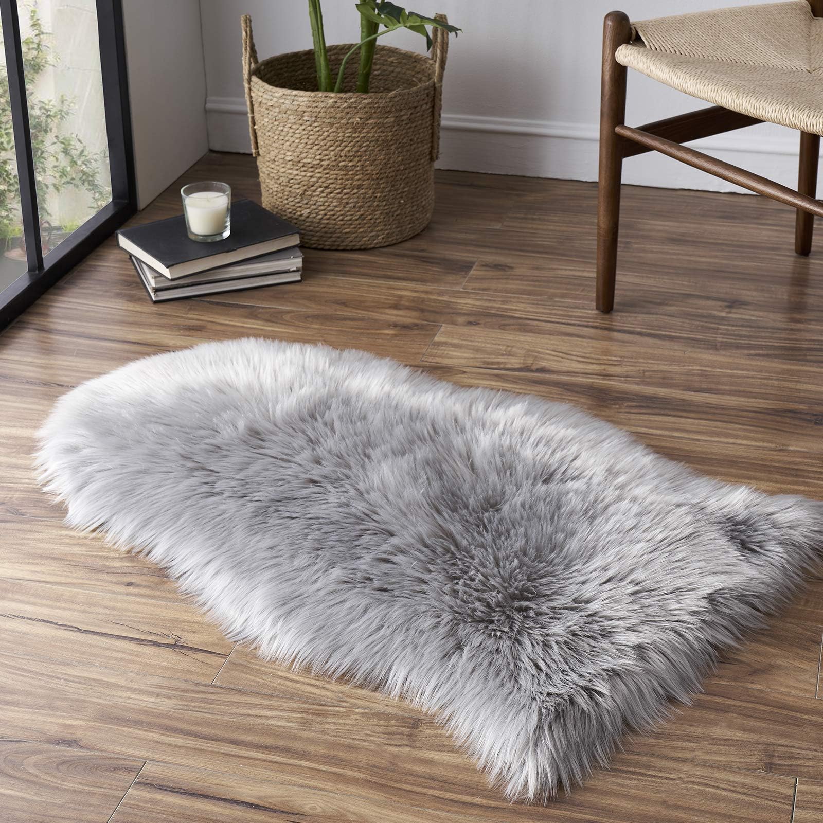 Tangsoo Soft Faux Fur Area Rug Grey Small Fluffy Rug Furry Chair Cover Seat Pad Fuzzy Carpet for Bedroom Floor Sofa Kids Room 2x3 Feet (Gray,Sheepskin Shape)
