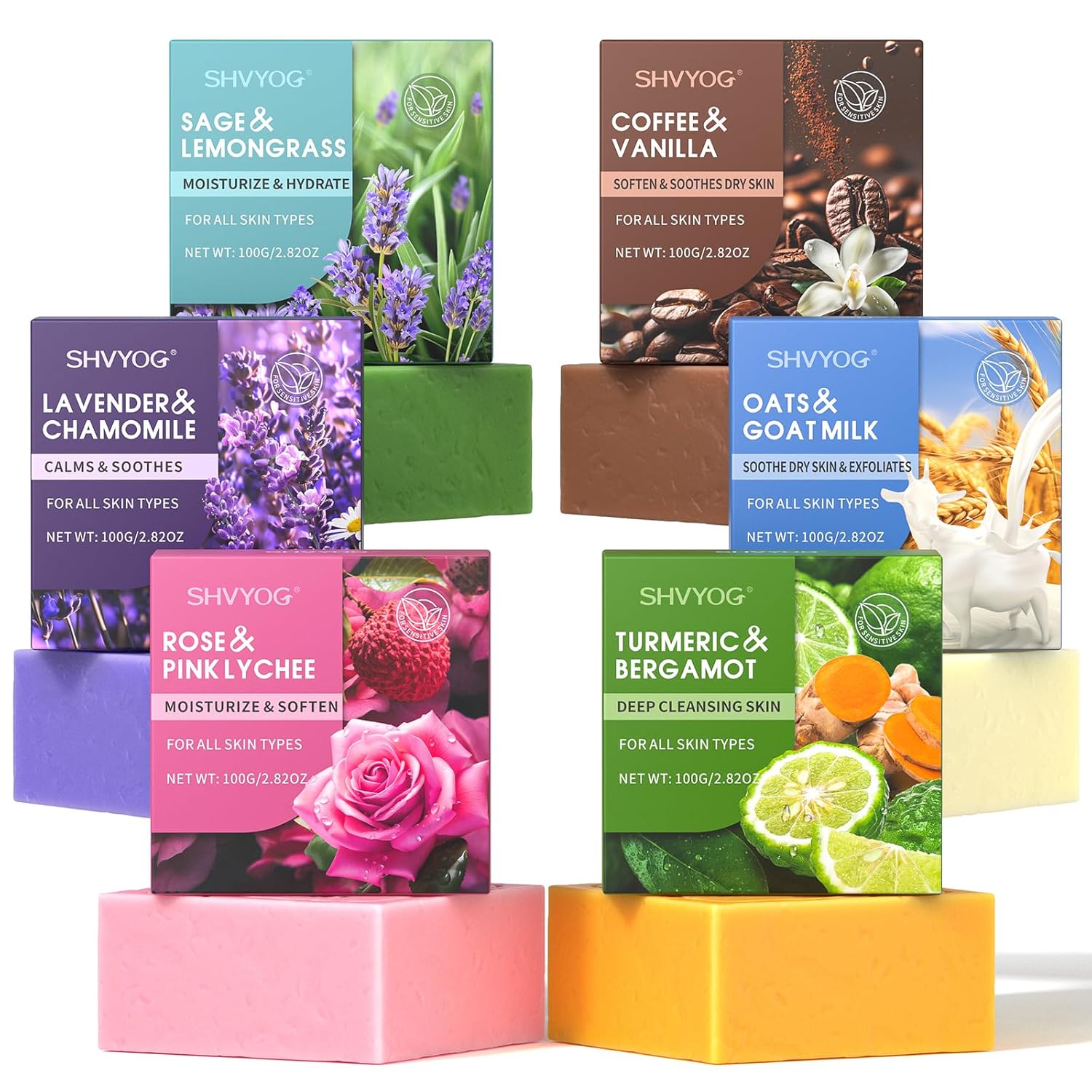 SHVYOG Natural Soap Bar Gift Set - 6 Organic Bars with Essential Oils, Moisturizing Cleanser for Soft Skin, Perfect Women's Gift 100g Each