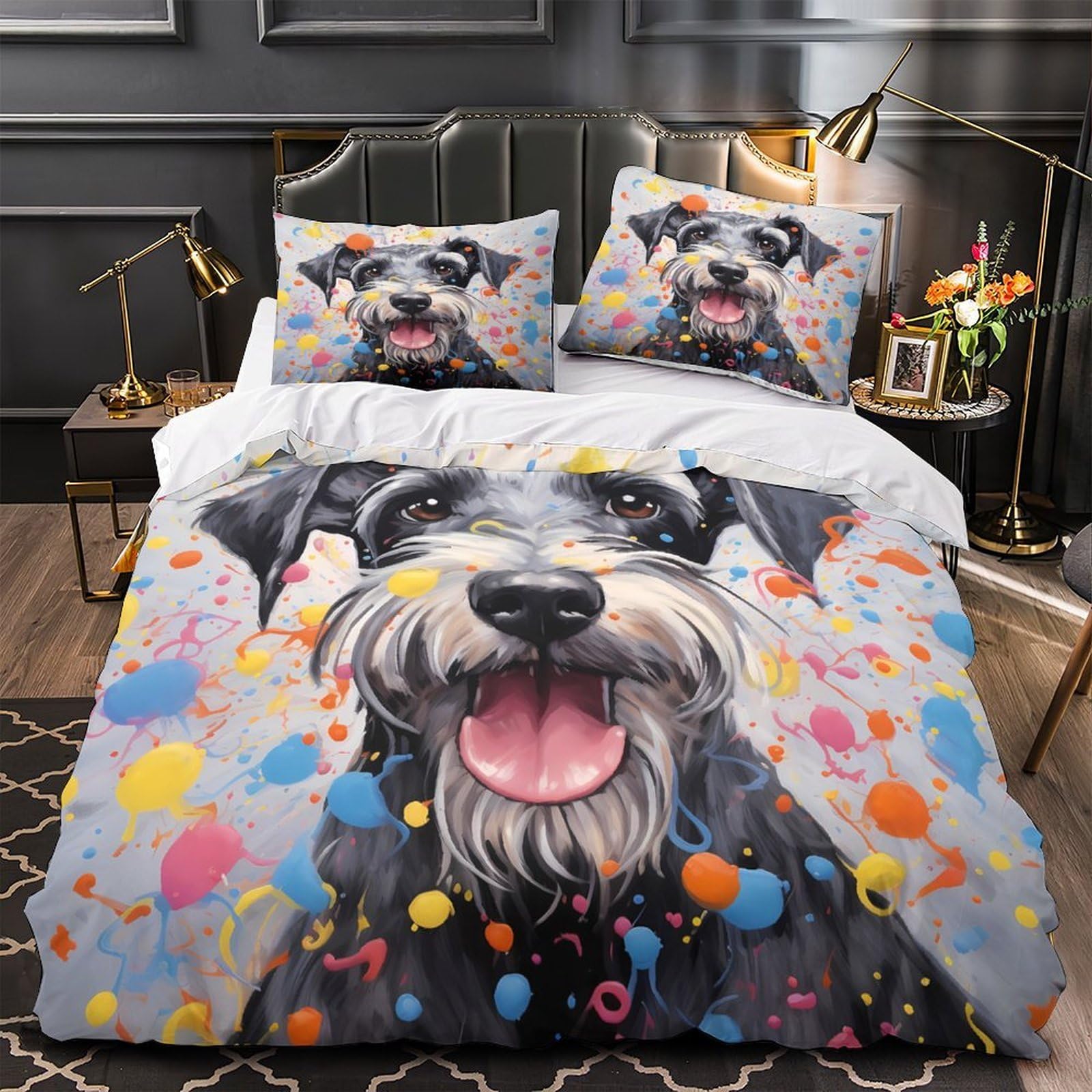 Housse de couette 135x200 motif chien Schnauzer 3D confortable et colorée