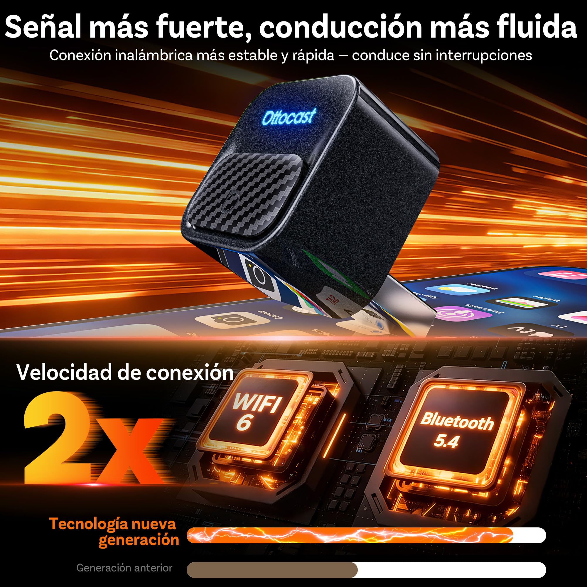 Ottocast Mini Core 2026 Adaptador CarPlay Inalámbrico y Android Auto, Plug & Play, Cambio de móvil con un botón, WiFi 6 + BT 5.4, Reconexión automática, para iPhone 6+ (iOS 10+) y Android 11+