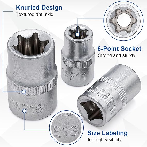 DAKCOS 14-Piece External Torx Socket Set 1/4 Inch 3/8 Inch and 1/2 Inch Sockets E4 E5 E6 E7 E8 E10 E11 E12 E14 E16 E18 E20 E22 E24 Made of CR-V with Matt Chrome Finish