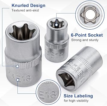 DAKCOS 14-Piece External Torx Socket Set 1/4 Inch 3/8 Inch and 1/2 Inch Sockets E4 E5 E6 E7 E8 E10 E11 E12 E14 E16 E18 E20 E22 E24 Made of CR-V with Matt Chrome Finish