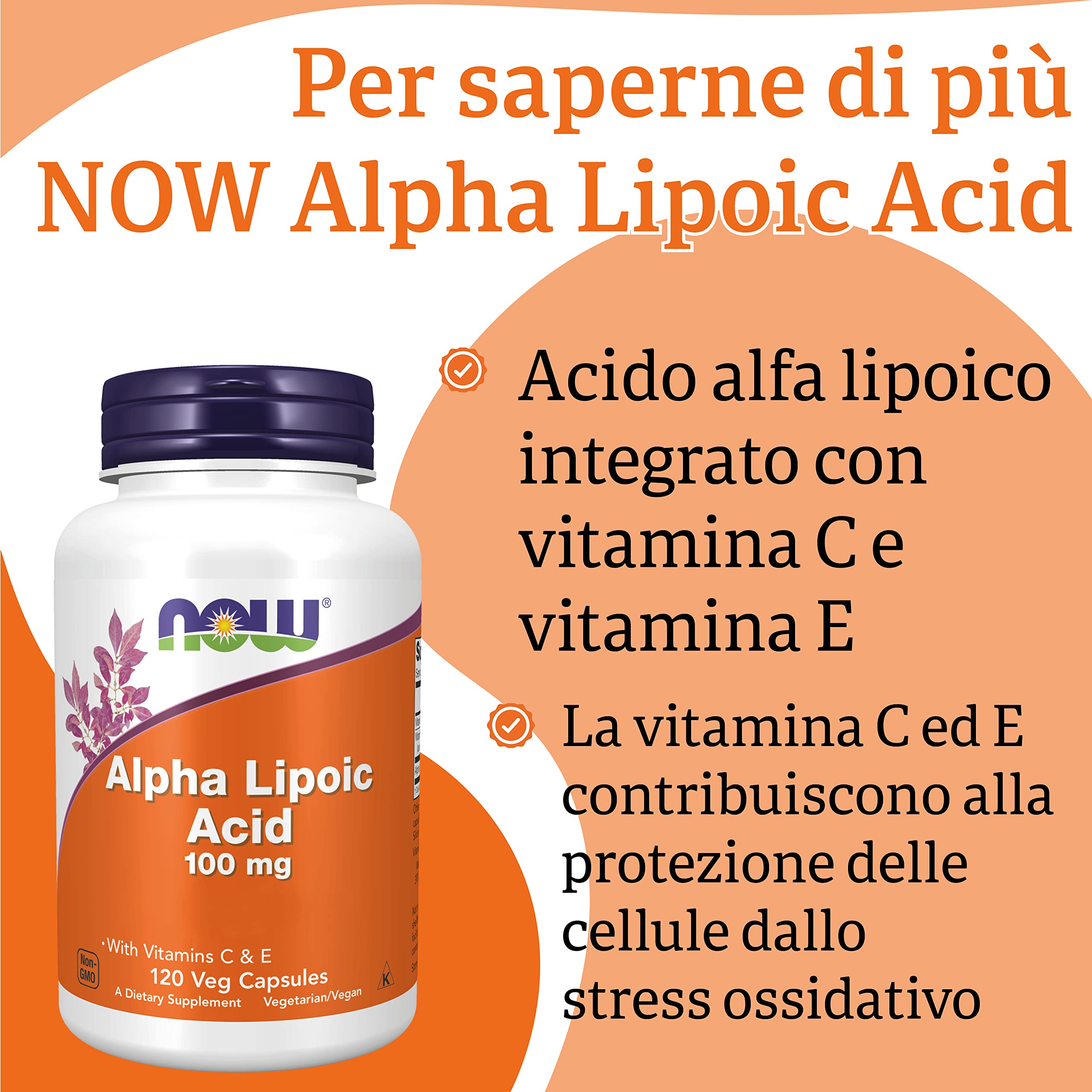 Now Foods, Alpha-Lipoic Acid (Acido Alfa Lipoico), 100mg, 120 Capsule vegane, Testato in Laboratorio, Senza Glutine, Senza Soia, Senza OGM