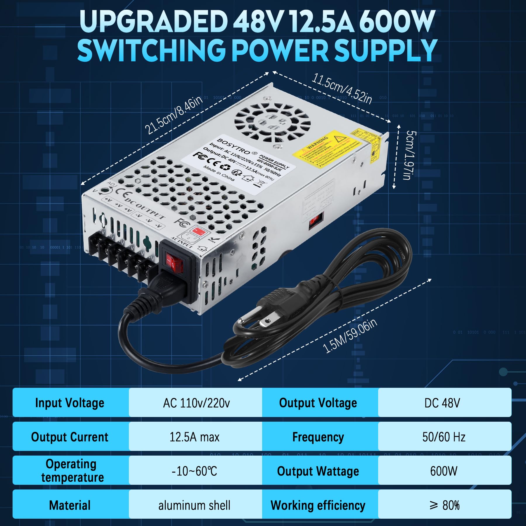 Ulepszony zasilacz impulsowy 48 V, 12,5 A, 600 W, transformator LED 230 V na 48 V, zasilacz sieciowy do taśm LED, CCTV, radia, aparatu, zasilacza laboratoryjnego, drukarki 3D, z kablem