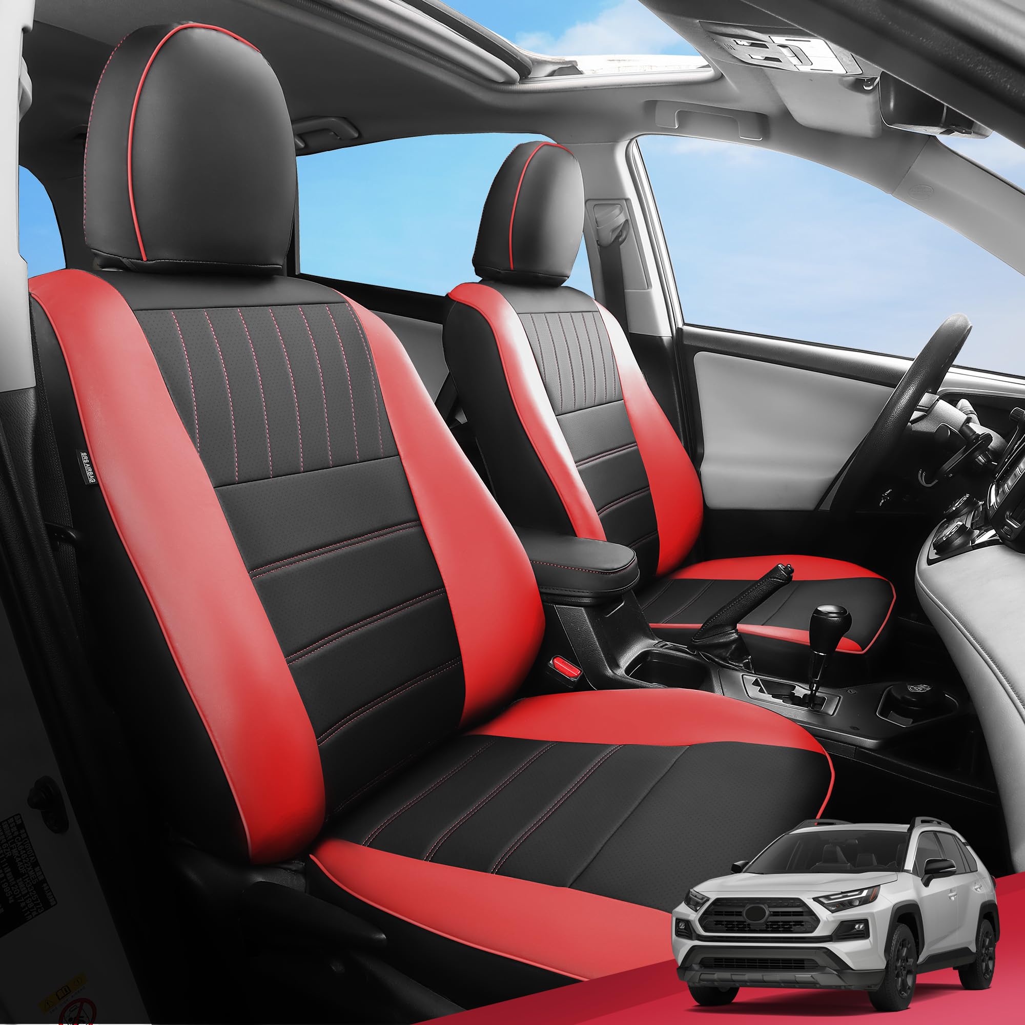 FREESOO RAV4 Seat Covers Custom Fit for Toyota RAV4 Seat Covers 2013-2018 LE Waterproof Faux Leather Seat Cover Full Set Black Red