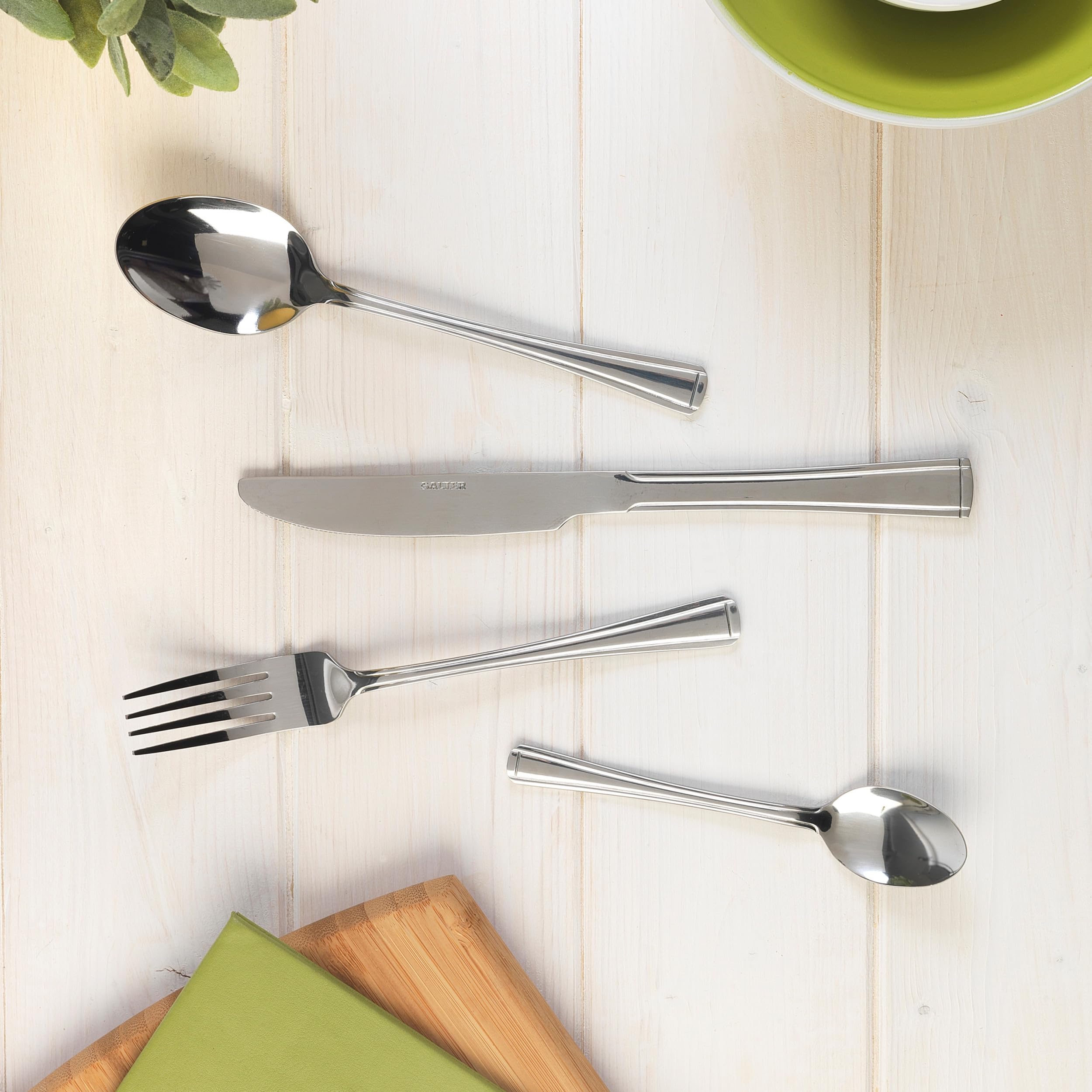Salter COMBO-8305A Elegance Buxton - Cubertería de 48 piezas para 12 personas, incluye tenedores, cuchillos, cucharillas y cucharas, apto para lavavajillas, acero inoxidable, 15 años de garantía