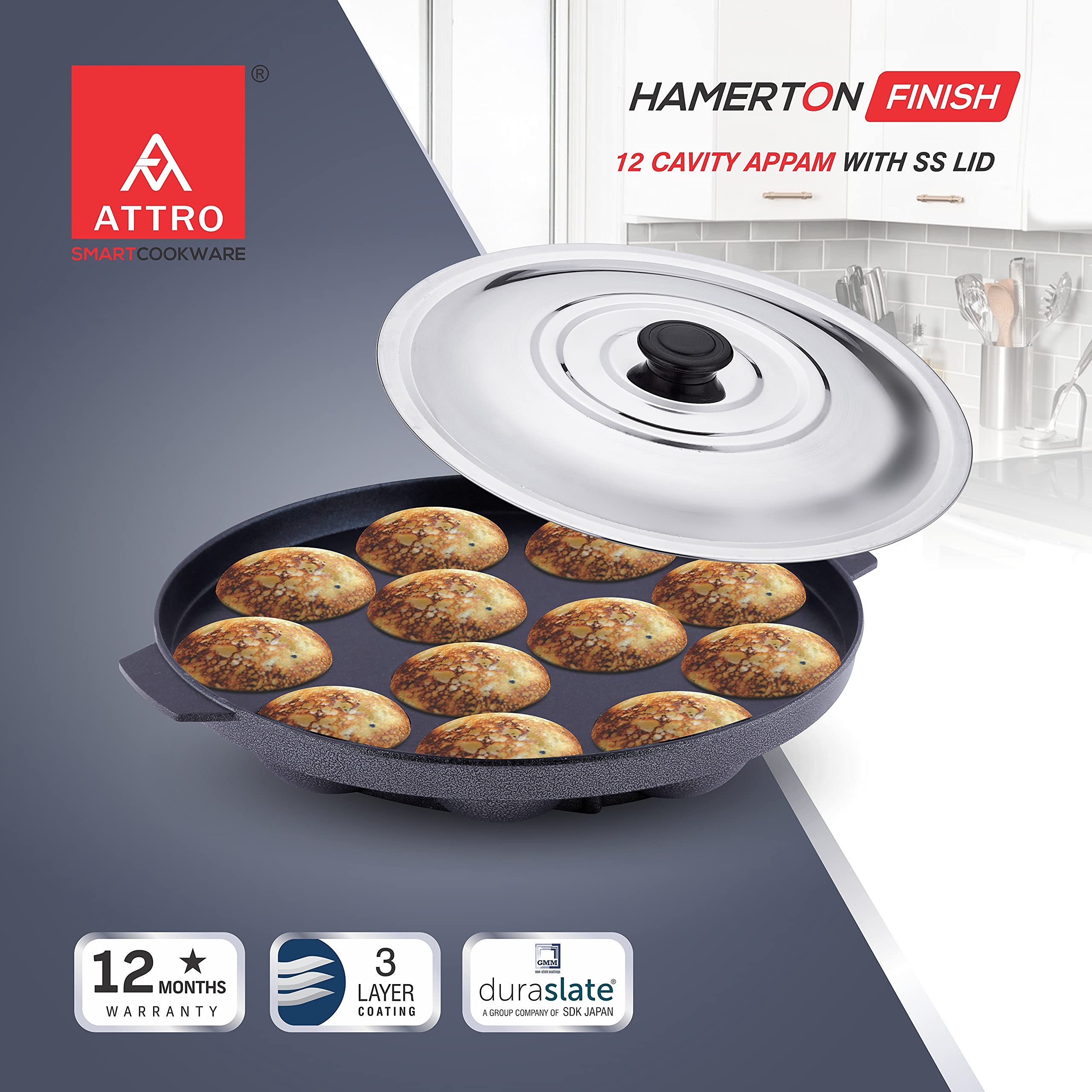 Attro Non-Stick Heavy Duty 12 Cavity Aluminium Appam Patra Paniyarakkal Two Side Handle with Steel Lid and Wooden Picker (Black) 3