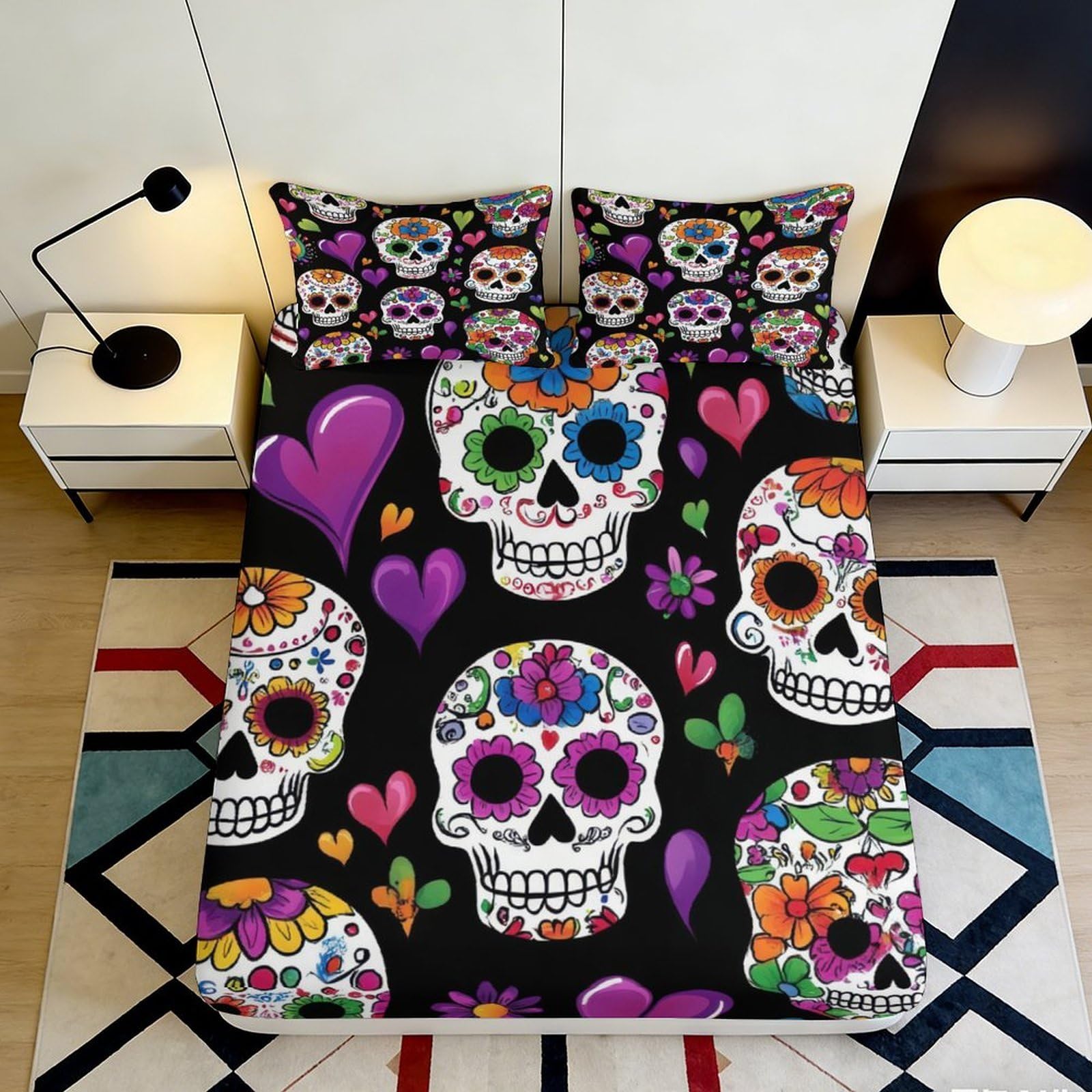3D Printed Colorful Sugar Skull Fitted Sheet Microfiber Decorative Floral Heart Bed Cover for Bedroom Guestroom 90x200x25cm