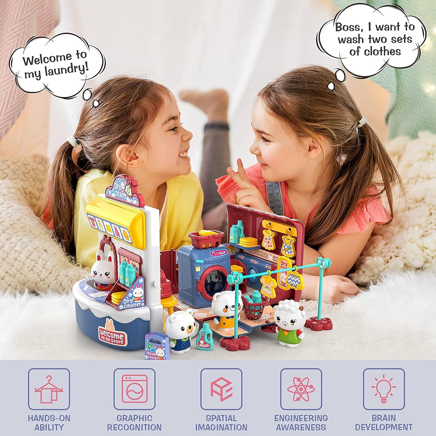 Lucky Doug Pretend Play Doll Playset Toys for Girls Kids Toddlers Age 3 4 5 6 7, 57 PCS Pretend Play Washer Laundry Set Toys with Mini Washing Machine, Kawaii Stuff 4 Dolls Role-playing Gift for Girls : Toys & Games