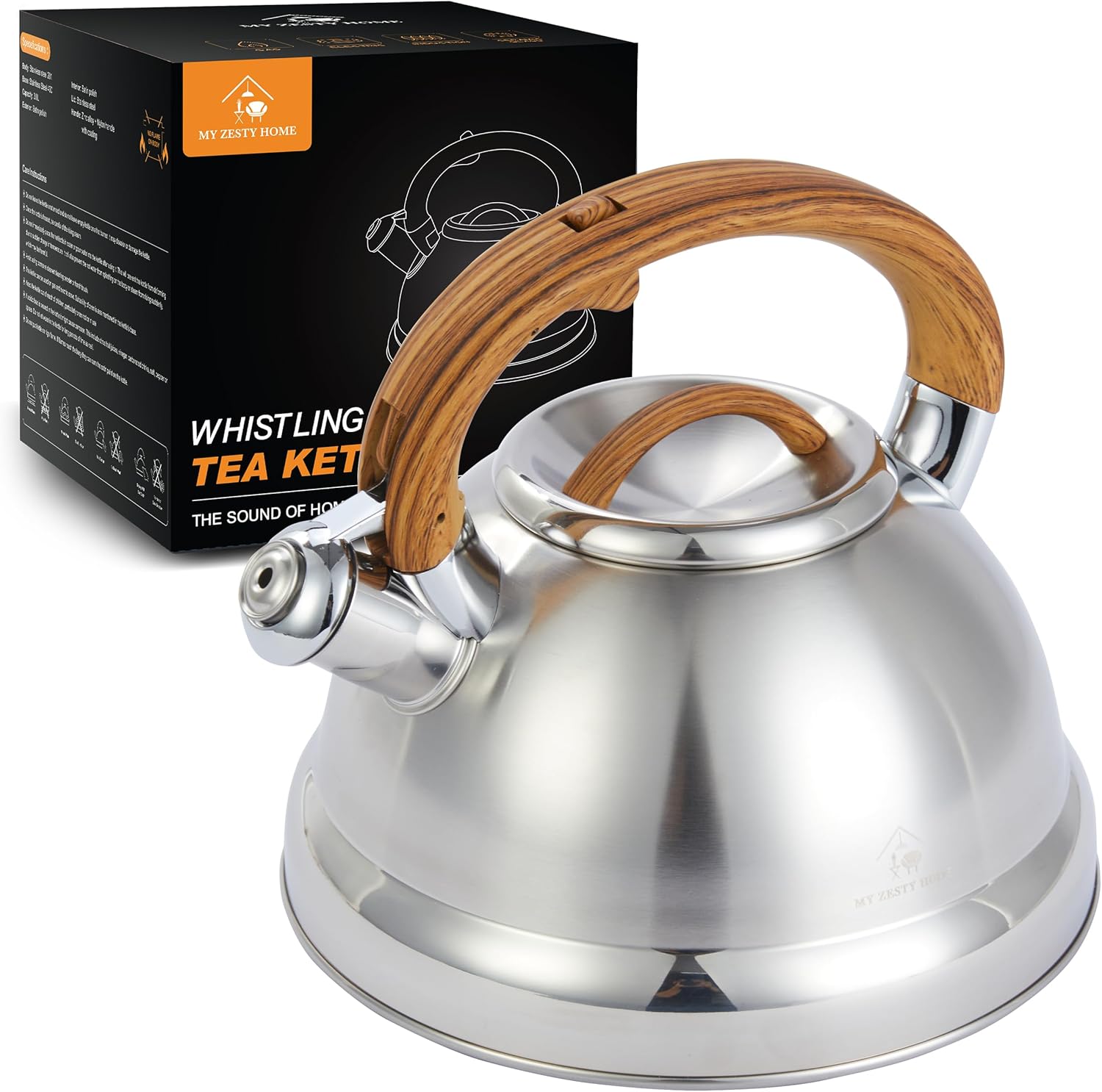 Whistling Tea Kettle for Stovetop 3.1 QT Large Stainless Steel Teapot, Warp Resistant, Wood Pattern Ergonomic Handle – For Gas, Electric, Induction & Ceramic Stove top