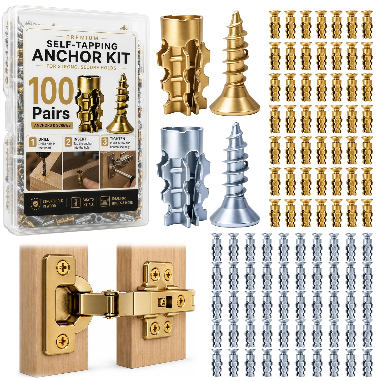 Hinge Repair Screw & Expansion Anchor Set, 6×14mm Short Expansion Screw Set for Door & Cabinet Hinge Screws Hole Repair, Suitable for Tiles, Stone and Wooden Boards (100Pair Gold+Sliver)