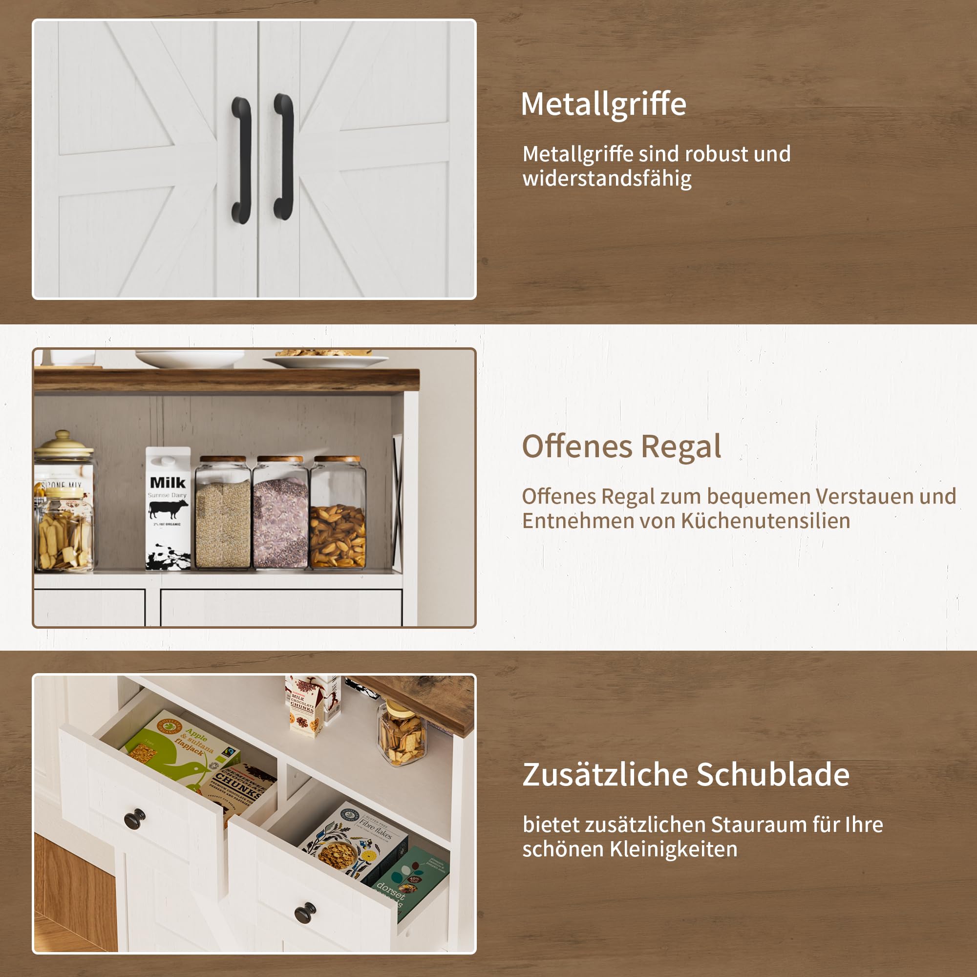 BonVache Sideboard, Küchenschrank mit Schubladen, Aufbewahrungsschrank, Anrichte mit Offenem Regal, Kaffeebar Schrank für Küche, Esszimmer, Wohnzimmer, 58 x 29 x 108cm, Weiß