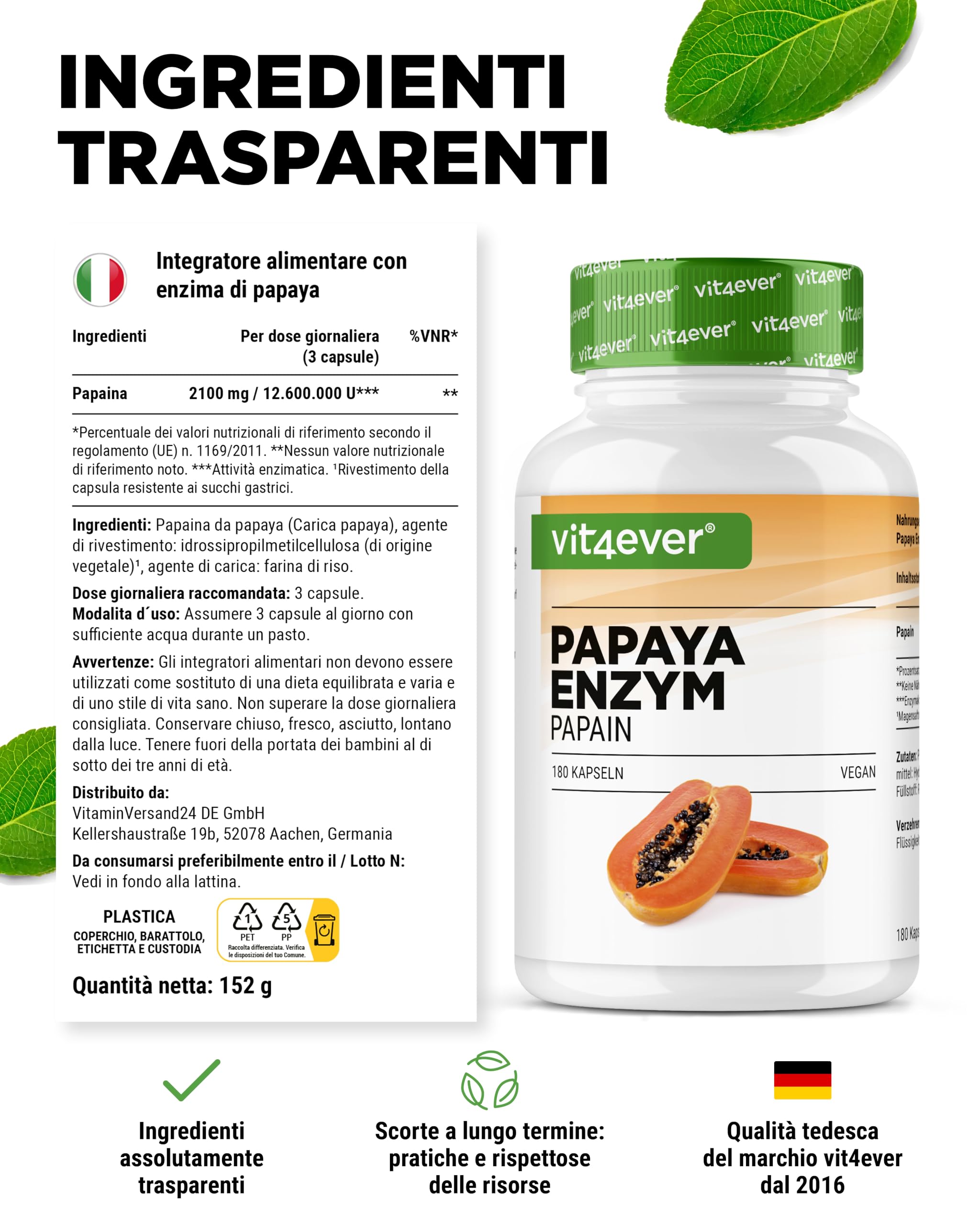 vit4ever Enzima di Papaya ad Alto Dosaggio - 2100 mg di Papaina da Papaya - 12.600.000 U di Attività Enzimatica - 180 Capsule Vegane Gastroresistenti - Senza Additivi Inutili