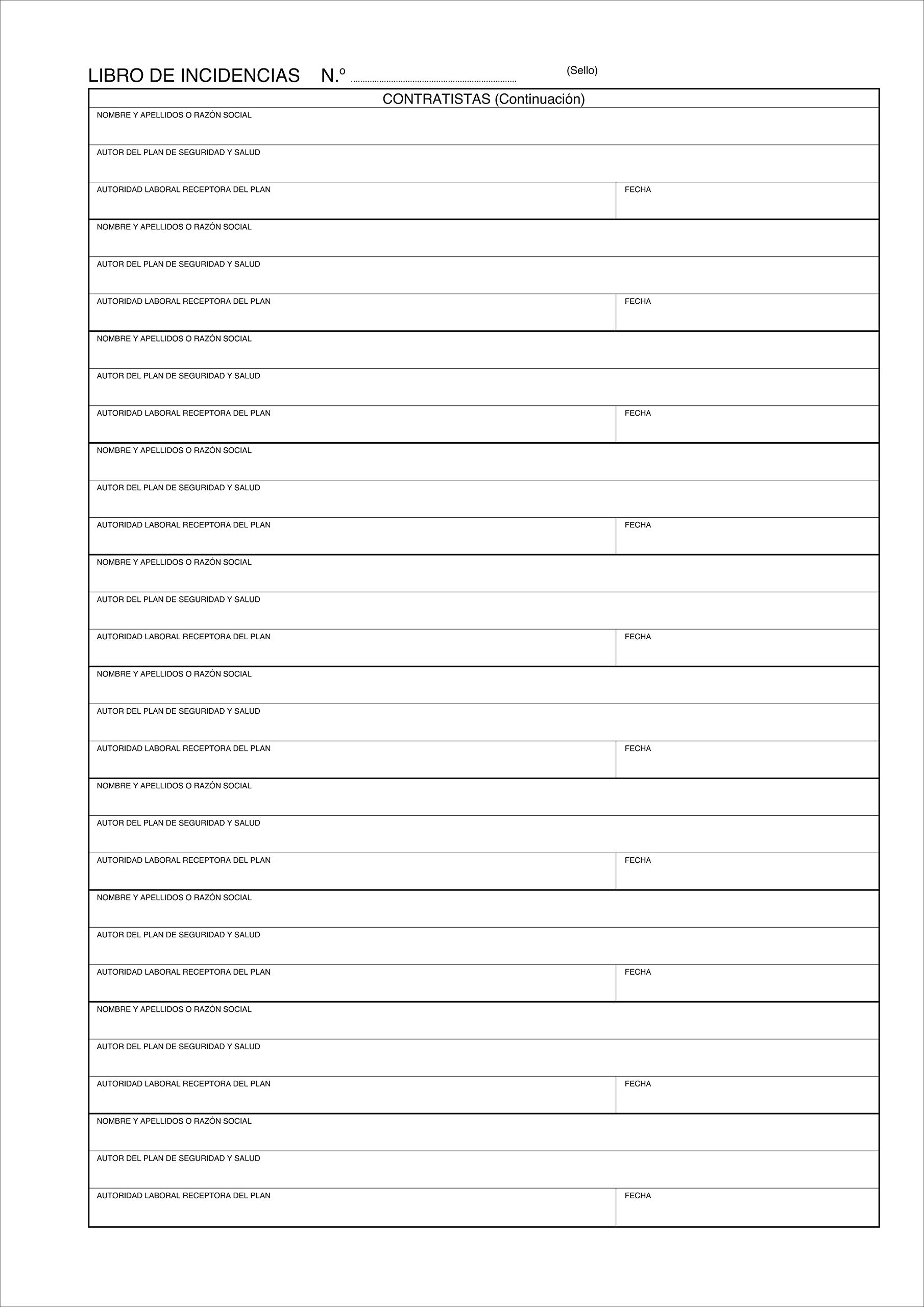 PAQ. 1 LIBRO DE INCIDENCIAS. Plan de Seguridad y Salud en el Trabajo. A4, 25 folios duplicados y numerados.