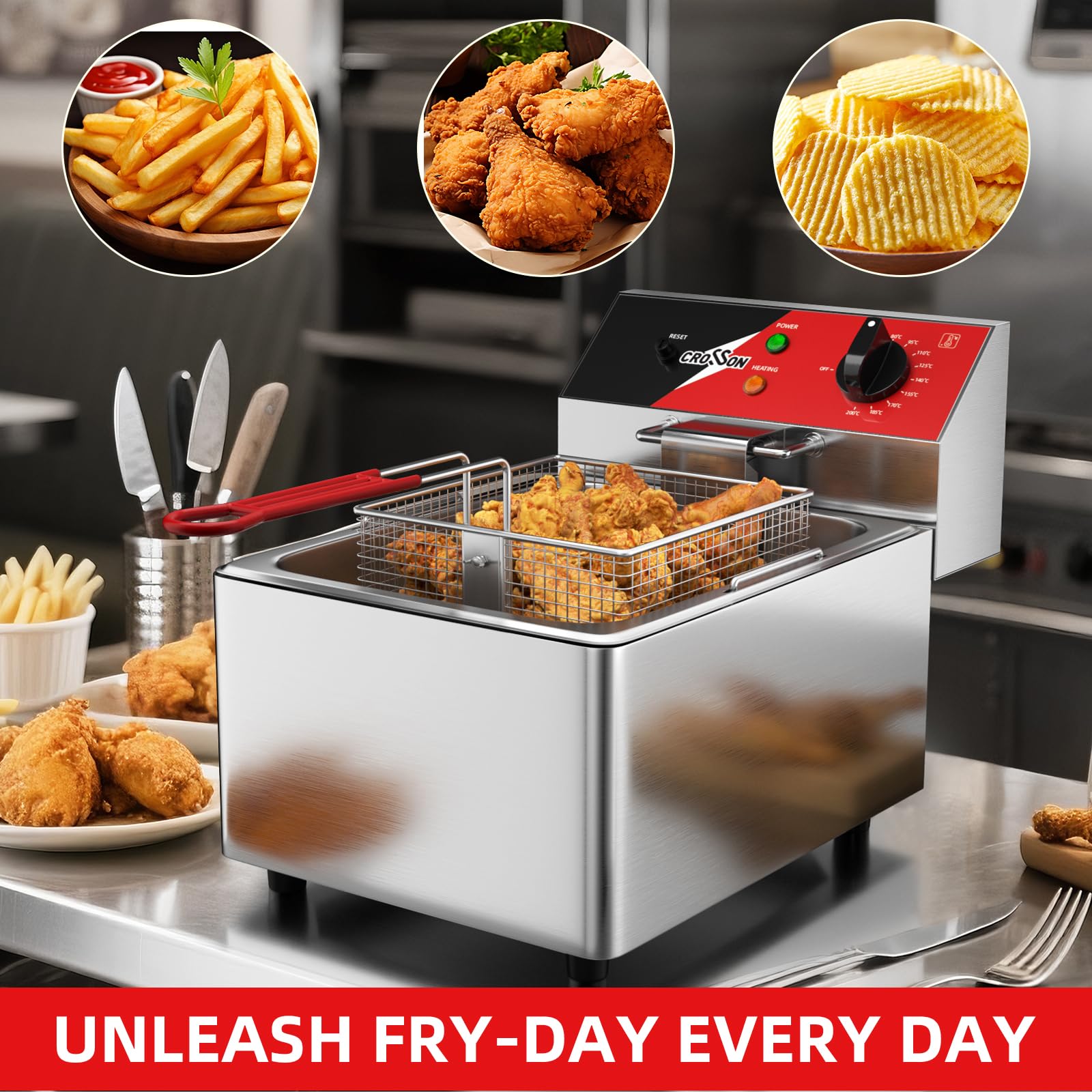 Friteuse électrique CROSSON 6L avec réservoir d’huile et poignée amovibles, panier et couvercle en treillis métallique solide, friteuses de comptoir commerciales légères - 230V, 3000W