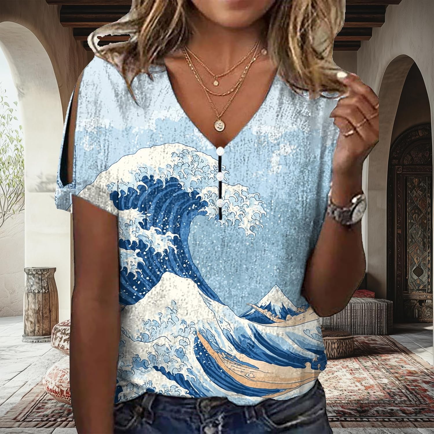 Japanese Art Tops for Women Wave Print Short Sleeve V Neck Cold Shoulder Casual 2025 Summer Trendy Ladies Tee Shirt - Image 2