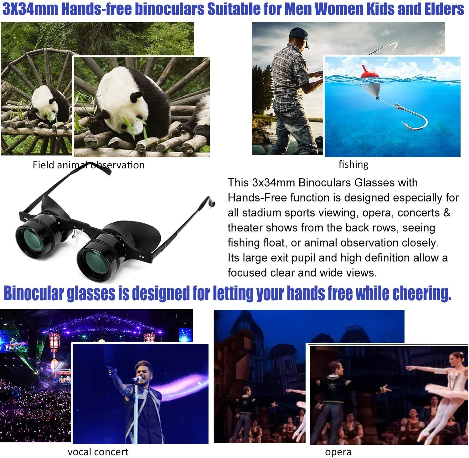 Professional Hands-Free Binocular Glasses for Fishing, Bird Watching, Sports, Concerts, Theater, Opera, TV, Sight Seeing, Hands-Free Opera Glasses for Adults (Green Film Optics)-Upgraded