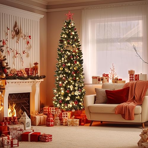 12 FT Pre-Lit Christmas Tree, Artificial Pencil Holiday Decoration with 700 LED Light & 2053 Tips, Metal Foldable Stand for Indoor and Outdoor Use, Green