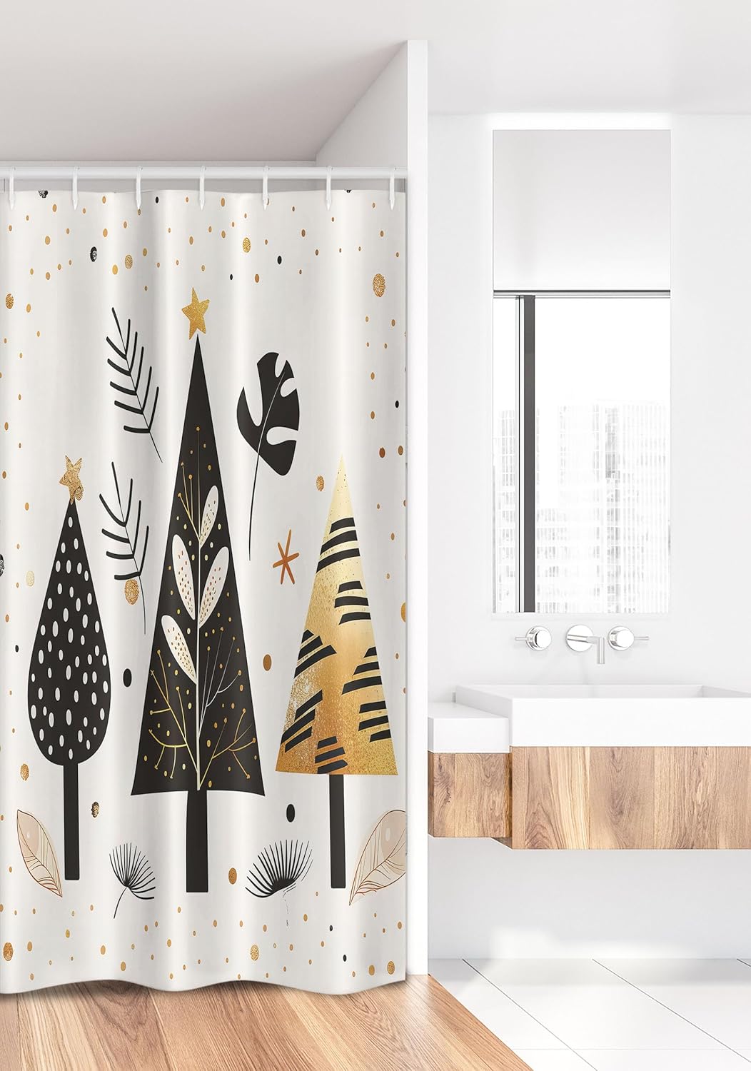 Ambesonne Christmas Stall Shower Curtain, Modern Scandi Xmas Theme with Pine Exotic Monstera and Palm Trees, Fabric Bathroom Decor Set with Hooks, 36" W x 72" L, Beige Black Charcoal Grey