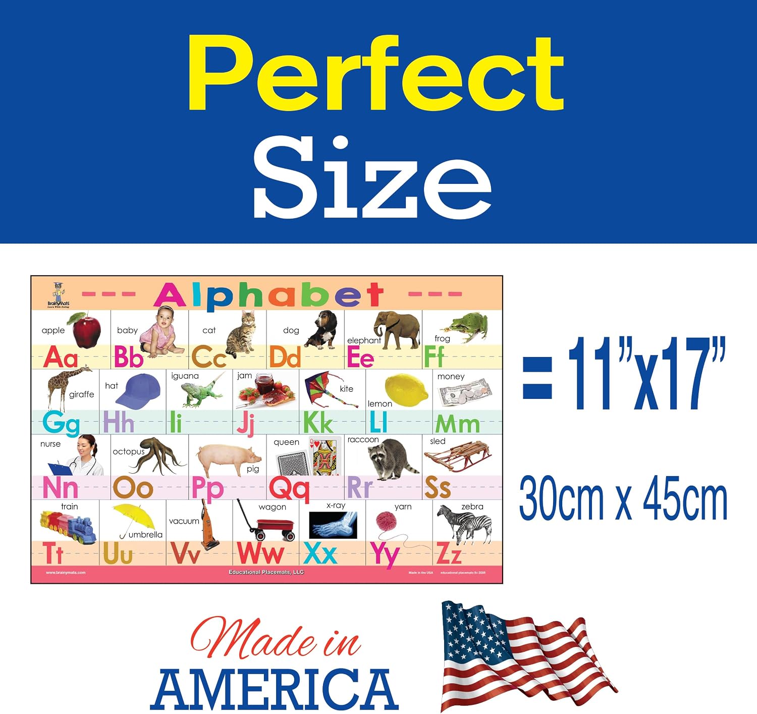 Brainy Mats Presidents Placemat – 11.25 x 17.25-inch Double-Sided US Presidents Kids Placemats – Reusable and Wipeable Placemat for Children, Home, School, Mealtime – No BPA or Phthalates