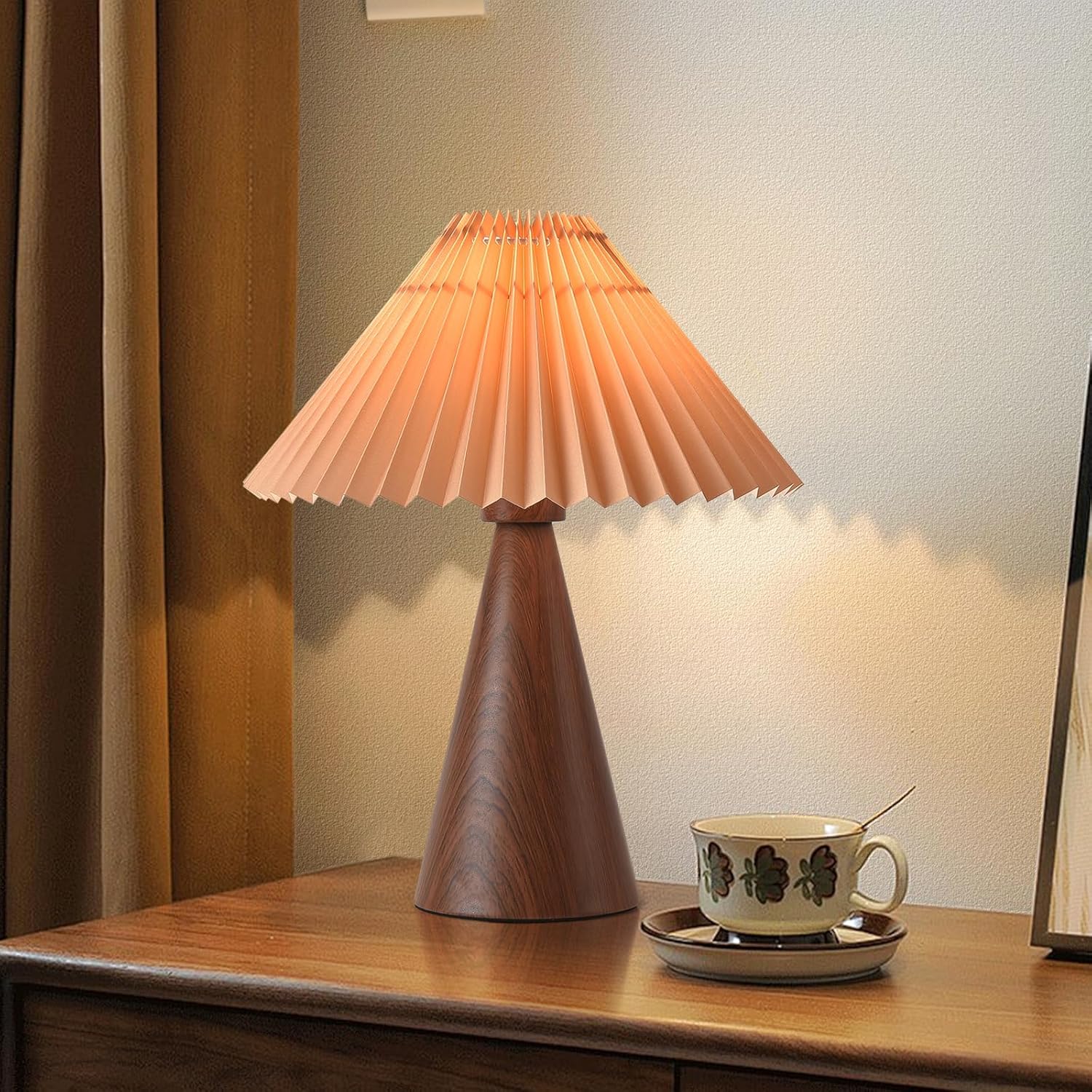 Wood Small Table Lamp, Mini Cute Table Lamp, Pleated Table Lamp,Wooden Grain Bedroom Lamps for Nightstand, Small Scalloped Lamp Shade Table Lamps for Small Spaces for Bedroom,Living Room Black Walnut