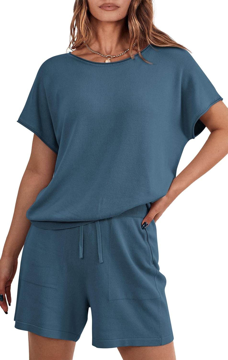 PRETTYGARDEN Two Piece Set For Women Summer Lounge Sets Shorts And Short Sleeve Tops Knitted Matching Travel Spring Outfits