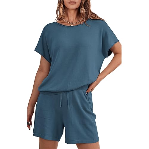 PRETTYGARDEN Two Piece Set 2024 Summer Lounge Tracksuit Outfits Shorts And Short Sleeve Tops Knitted Clothes