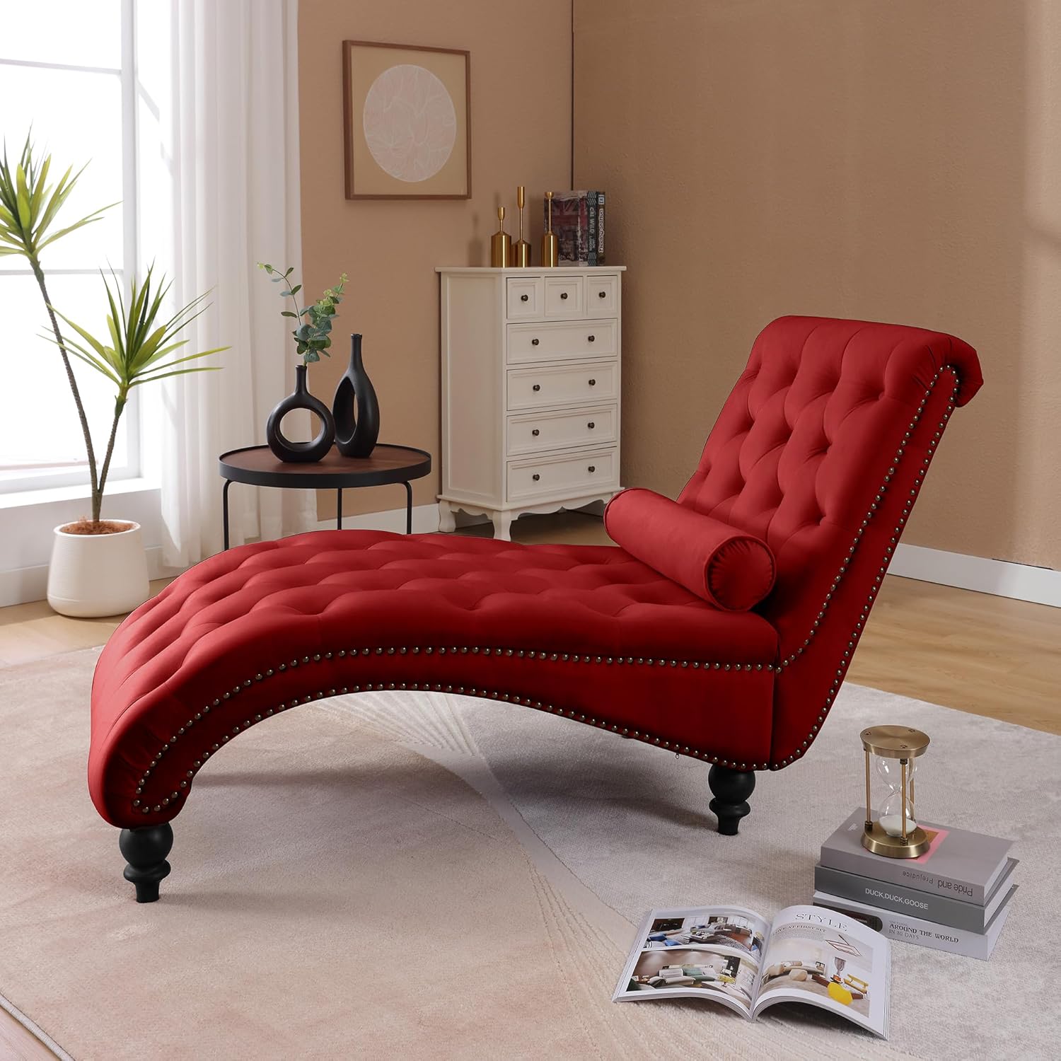 Chaise Lounge Chair Indoor, Velvet Upholstered Lounge Sofa with Bolster Pillow, Button Tufted Nailhead Trim Solid Wood Legs Armless Leisure Sofa Recliner for Bedroom (red)