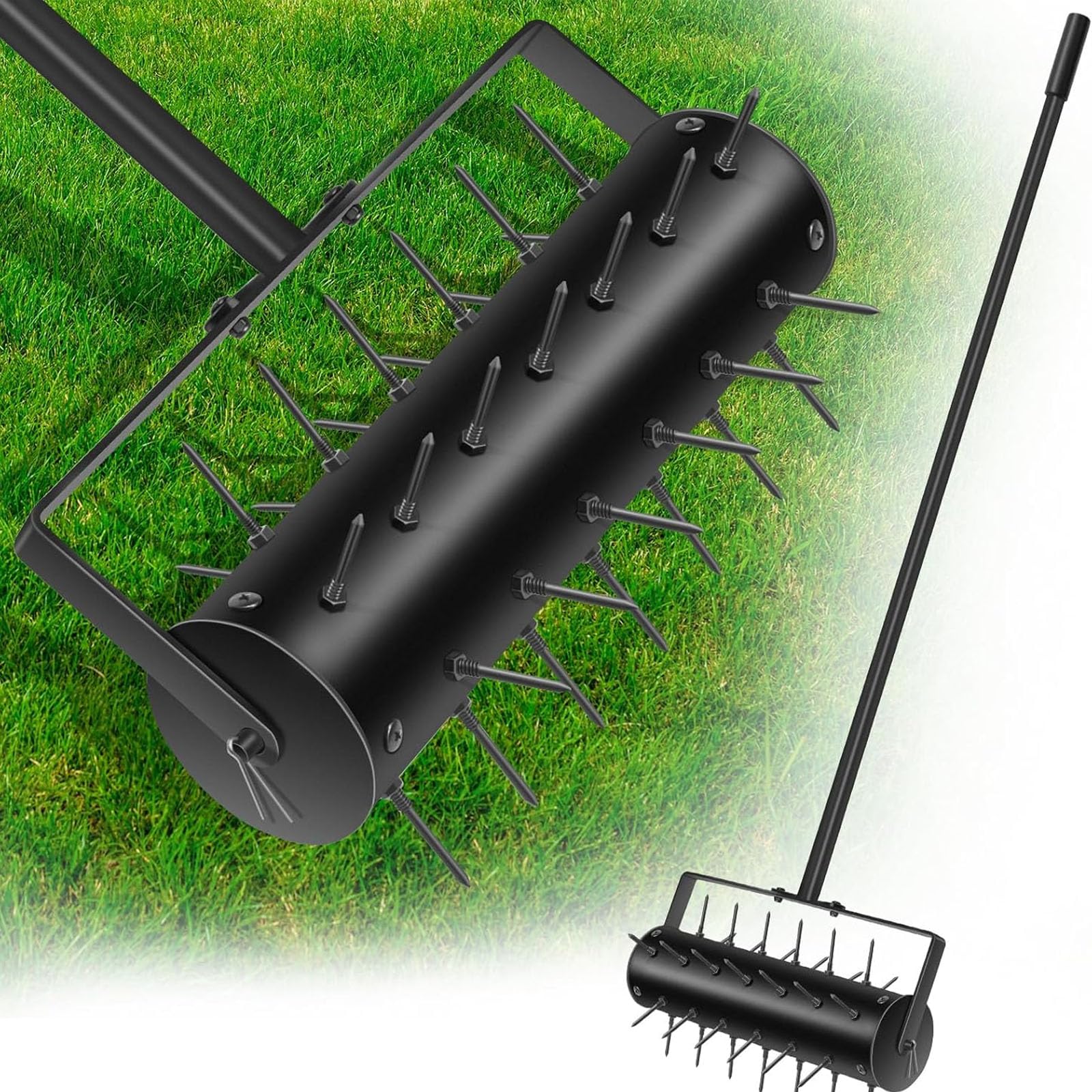 JOSBY Rodillo Aireador De Césped, Aireador Manual De Césped De Alta Resistencia para Patios, Aireador De Césped con Púas, Rodillo Escarificador Manual para Jardín, con Mango De Goma Ajustable