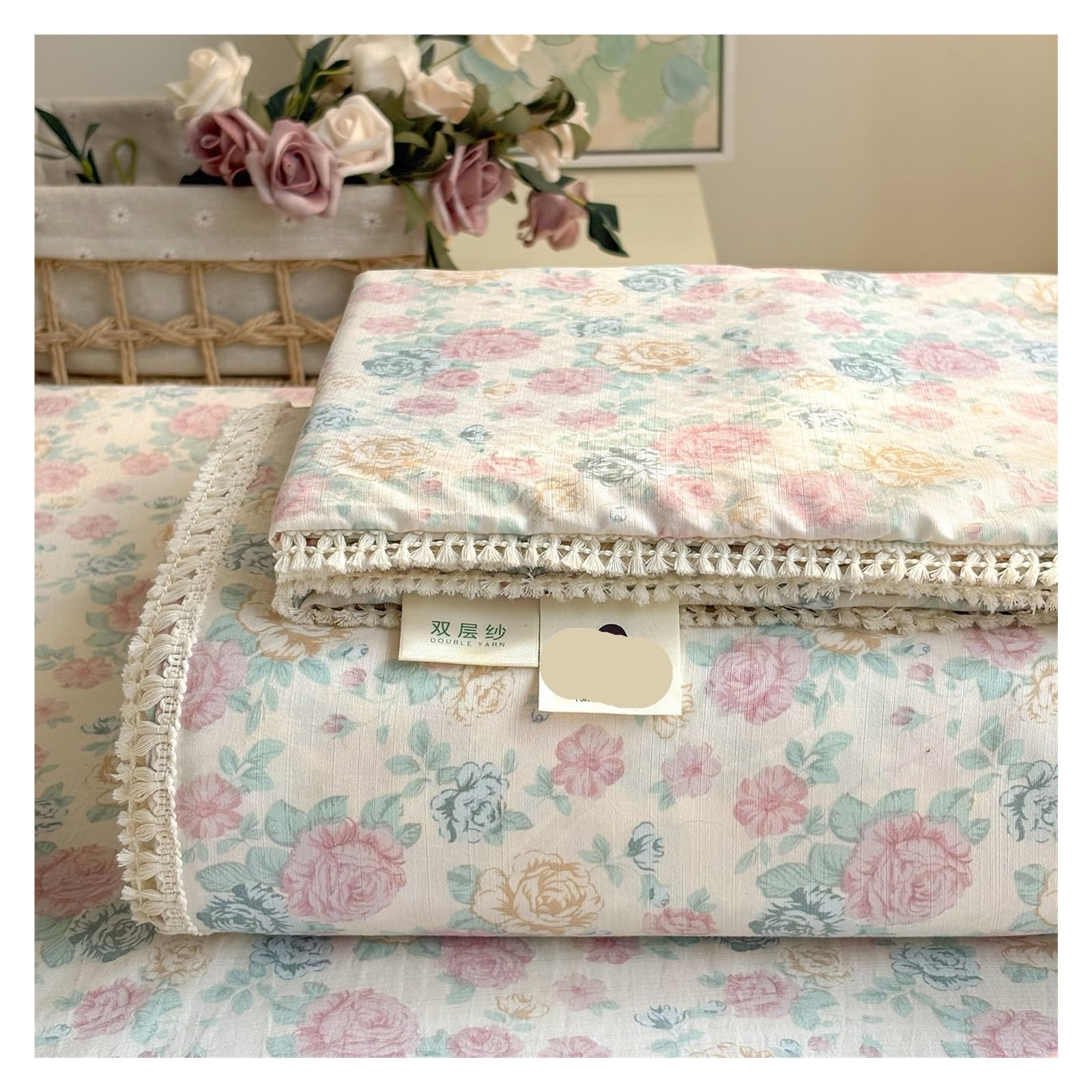 YGMNQAL Spring Summer Floral Print Double Gauze Bed Sheet With Fringe Lace Trim(Flower sleep,200x230cm Twin)