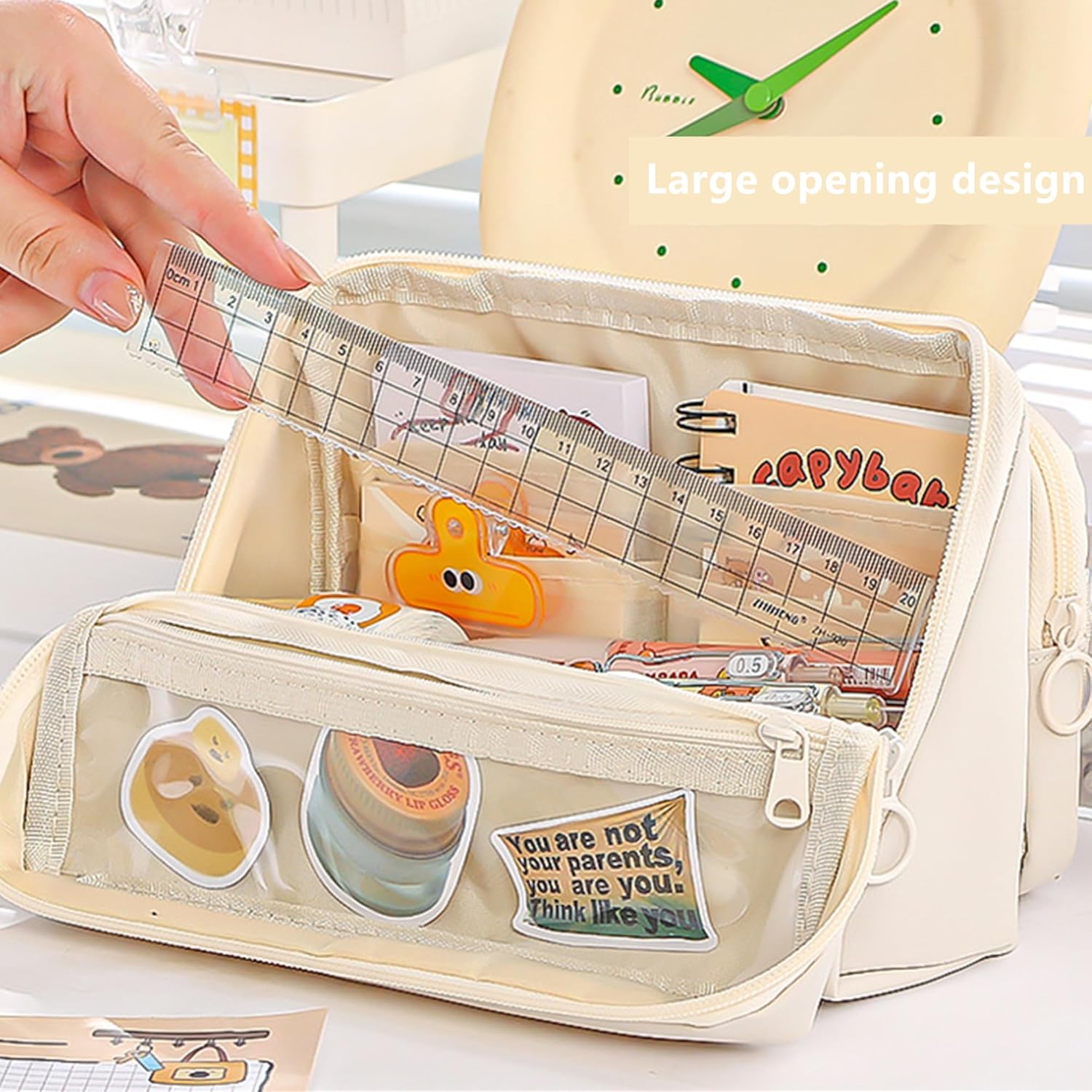 Large Pencil Pouch Big Pencil Case Big Capacity Aesthetic Pen Cosmetic Bag Pen Stationery Organizer Simple, College Office Home Travel Storage Bag (Beige) - Image 4