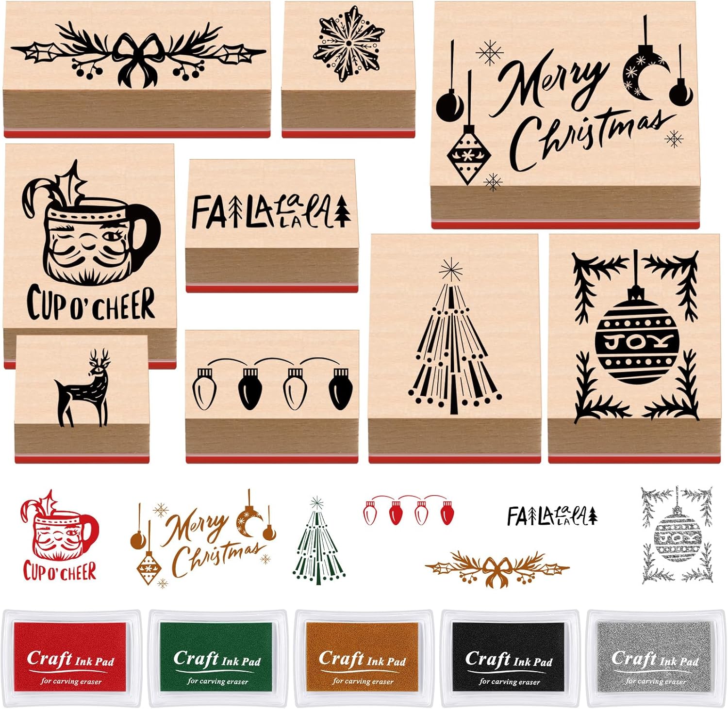 Watersay 14 Pcs Christmas Rubber Stamp and Craft Ink Pad Set 9 Wooden Christmas Rubber Stamps 5 Ink Pad for Craft DIY Card and Scrapbooking(Simple Style)