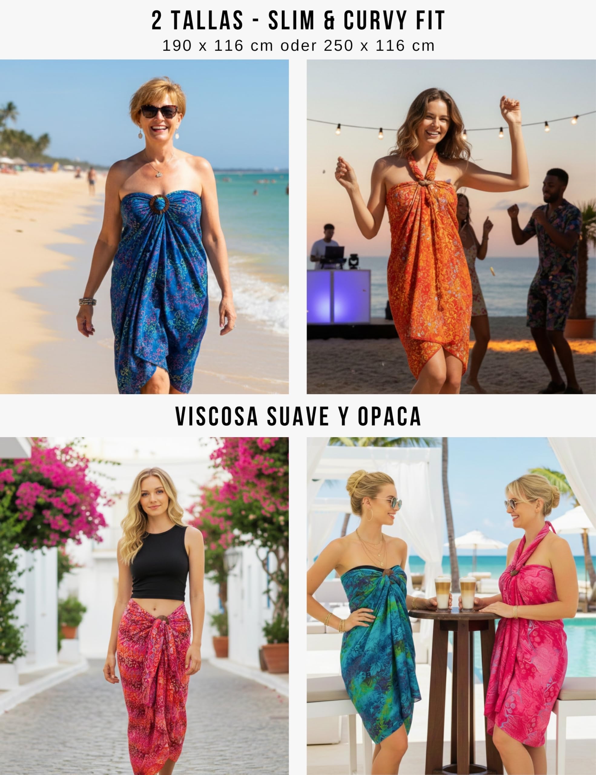 PANASIAM Pareo Sarong - L y XL Opaco - Pareo de Playa en Viscosa Fluida - Falda Cruzada o Vestido de Playa - Para Mujer y Hombre - Complemento Ligero de Verano - Pieza Única Artesanal de Indonesia