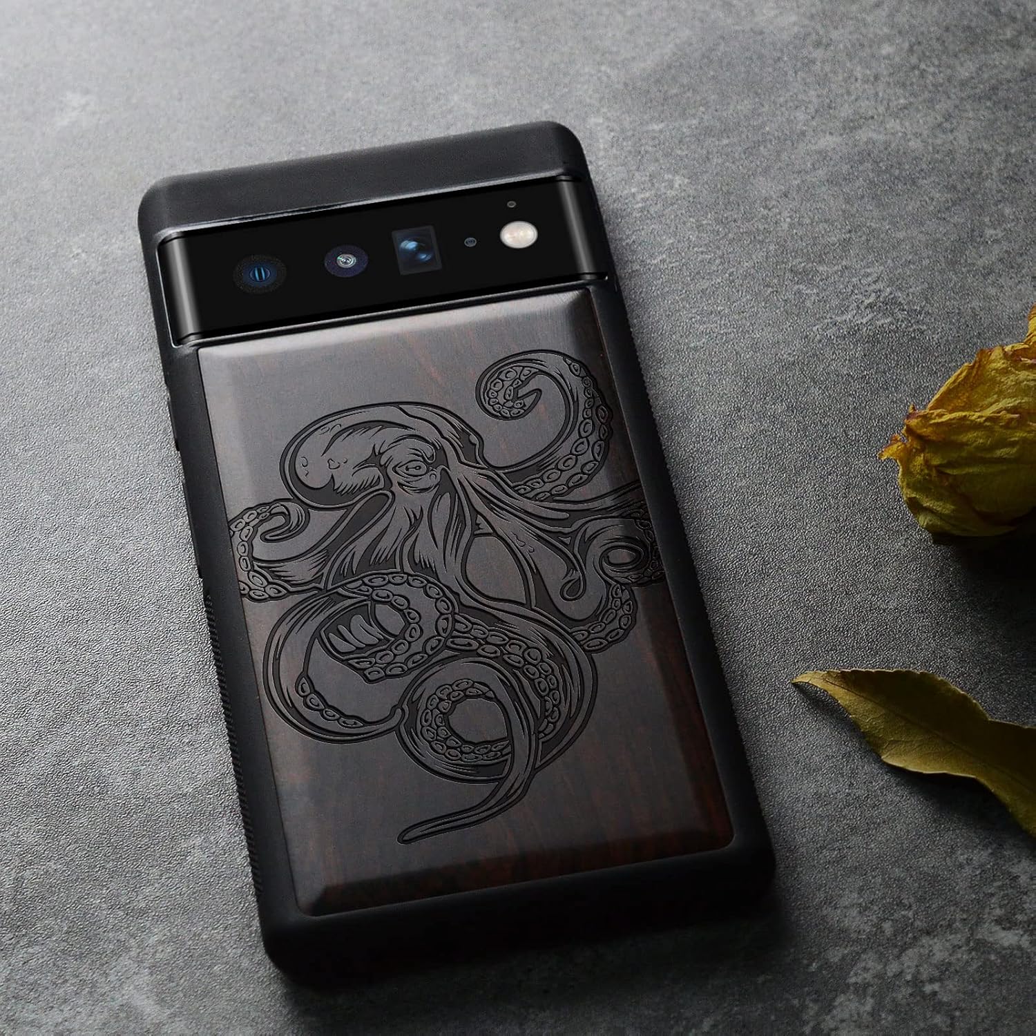 Carveit Wood Case for Pixel 6 Pro Case [[Natural Wood & Black Soft TPU] Shockproof Protective Unique Wooden Cover Compatible with Google Pixel 6 Pro (Octopus Drawing-Blackwood)