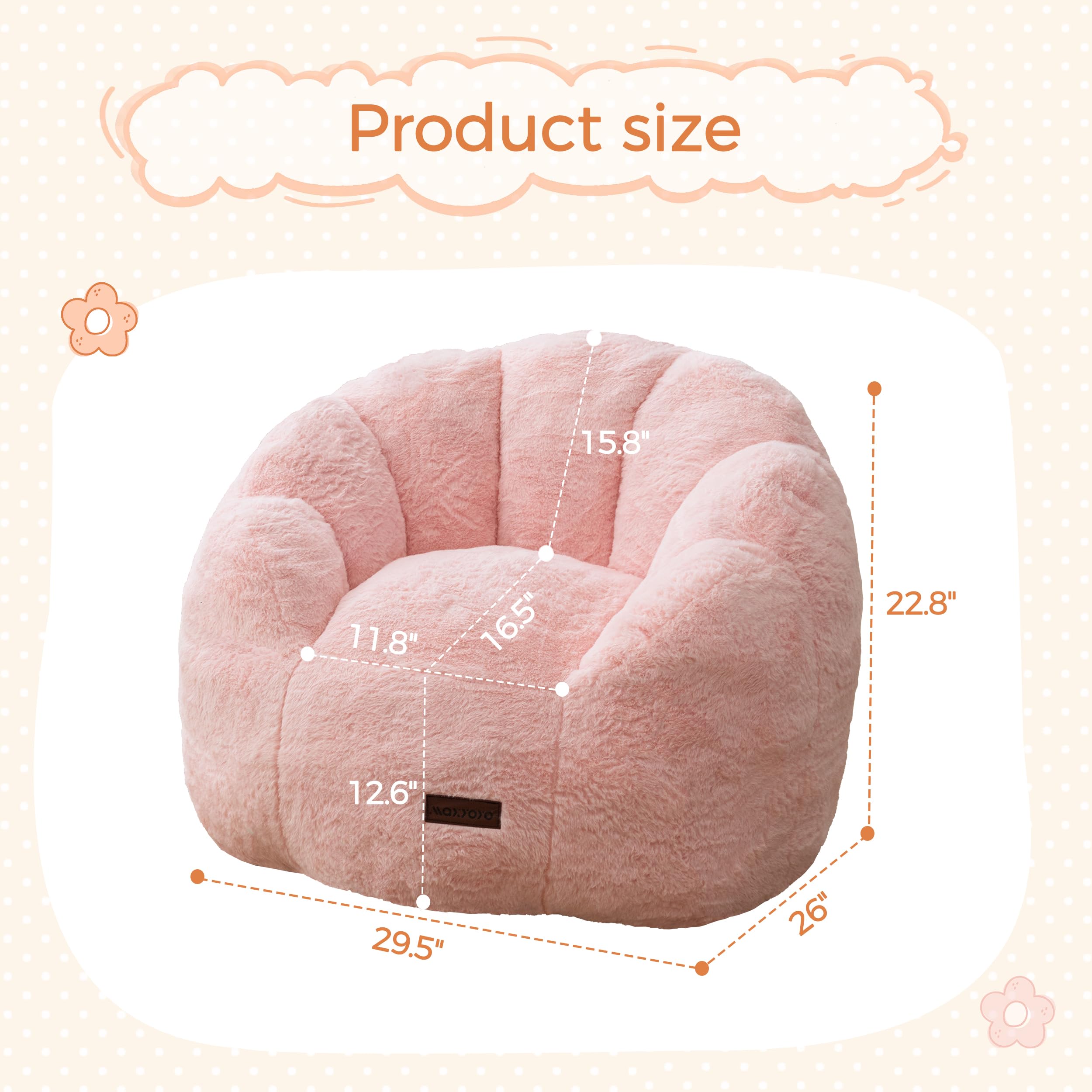 MAXYOYO Kids Bean Bag Chair, Floral Shaped Bean Bag Sofa, Plush Faux Fur Toddler Couch with Petal Backrest for Boys Girls, Stuffed Cozy Sofa for Nursery, Bedroom, Pink