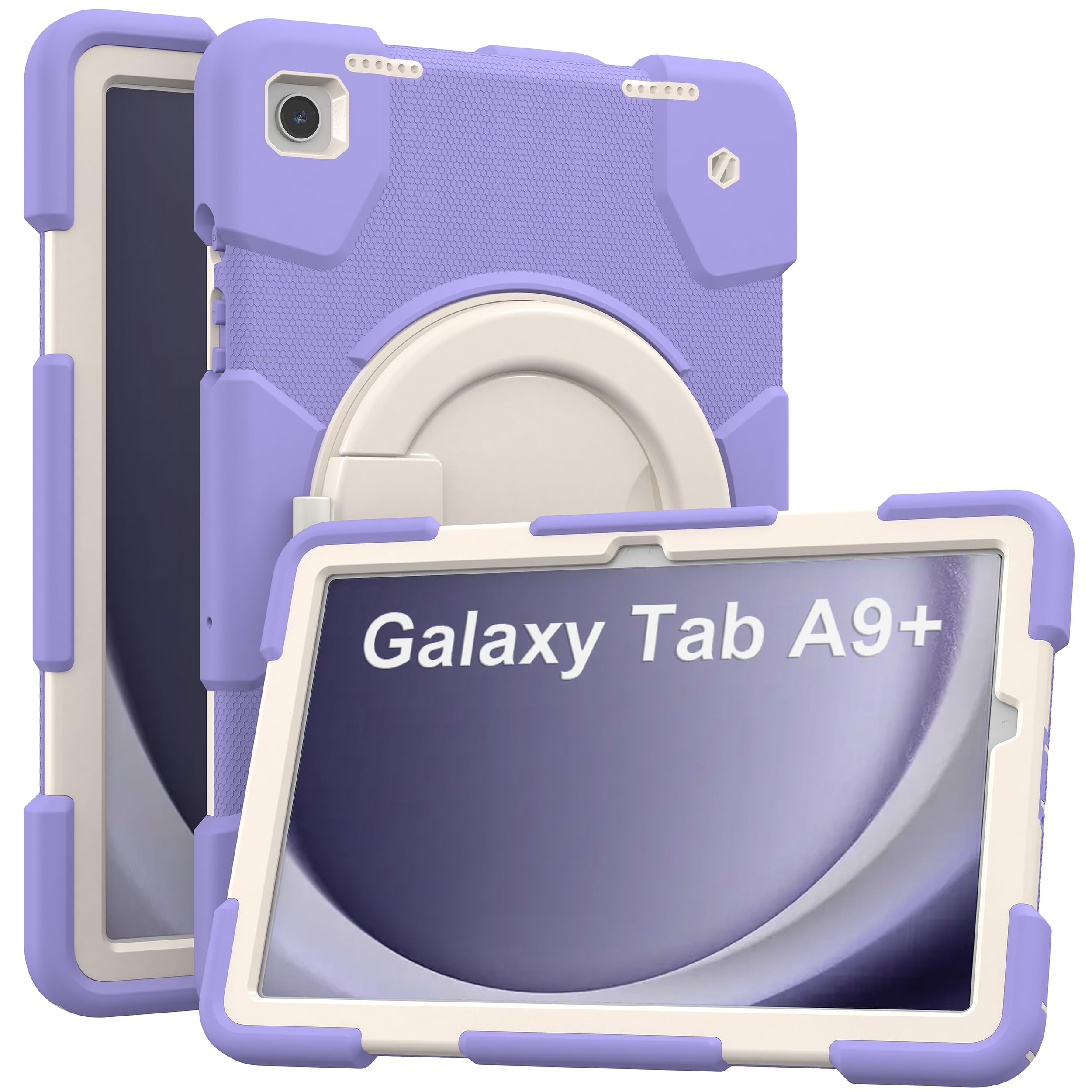 Andnary Case for Samsung Galaxy Tab A9+, Heavy Duty Shockproof Cover with Pencil Holder/360° Rotating Handheld Stand/Shoulder Strap, Sturdy A9 Plus Case 11" 2023 for SM-X210/X216/X218, Purple