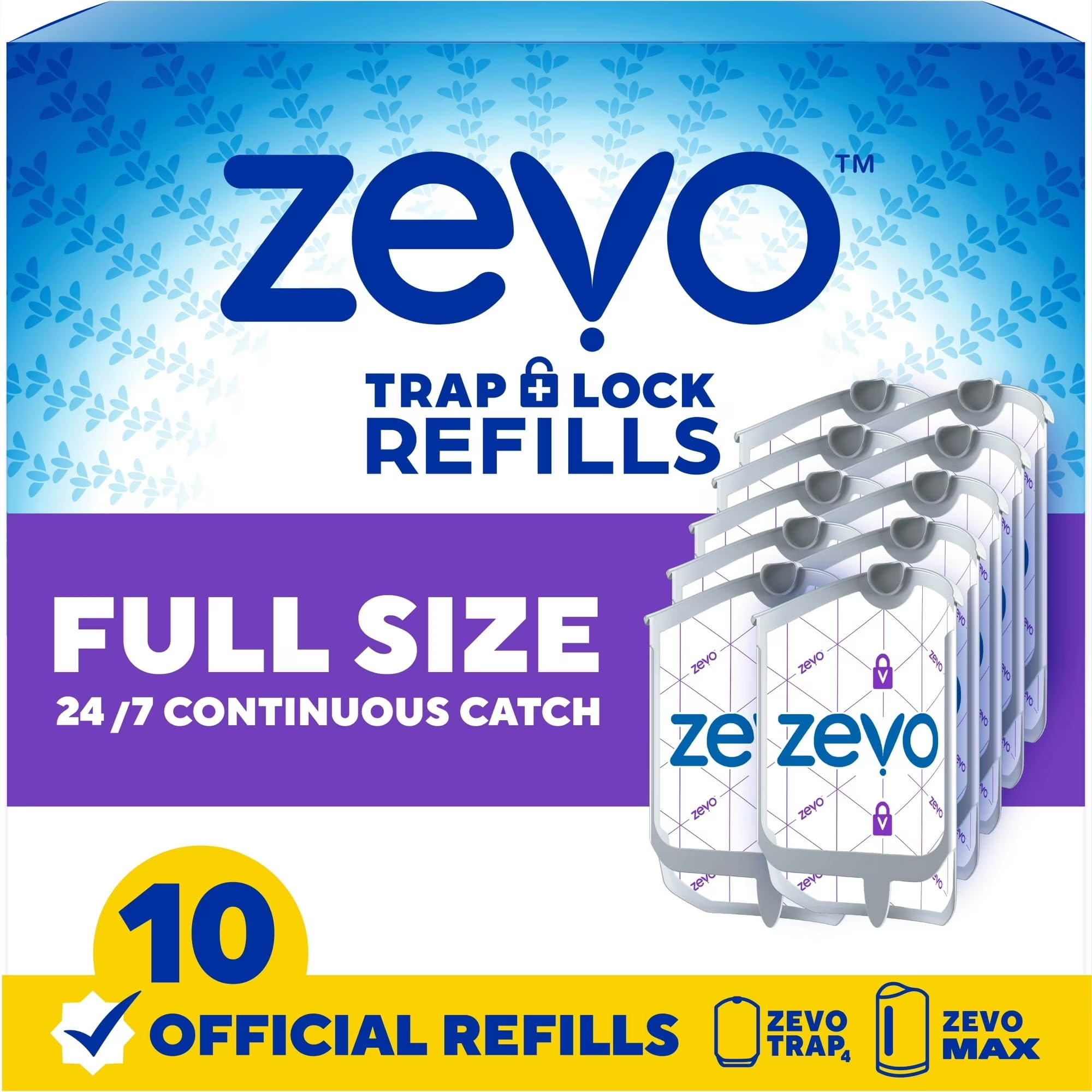 Zevo Flying Insect Trap Official Refill Cartridges - Fits Both Zevo Trap & MAX Indoor Fly Trap - Authentic Trap+Lock Technology to Catch Gnats, House & Fruit Flys (10 Official Refill Cartridges)