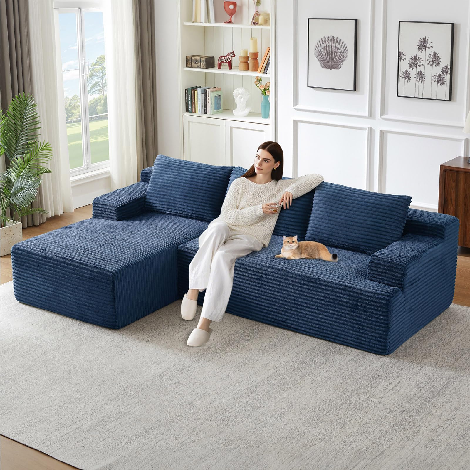 96" Modular Sectional Sofa, Modern Corduroy Cloud Couch, Boneless Couch Upholstered 3-Seater L-Shaped Sofa for Living Room, No Assembly Required (Blue, Left-Facing Chaise)
