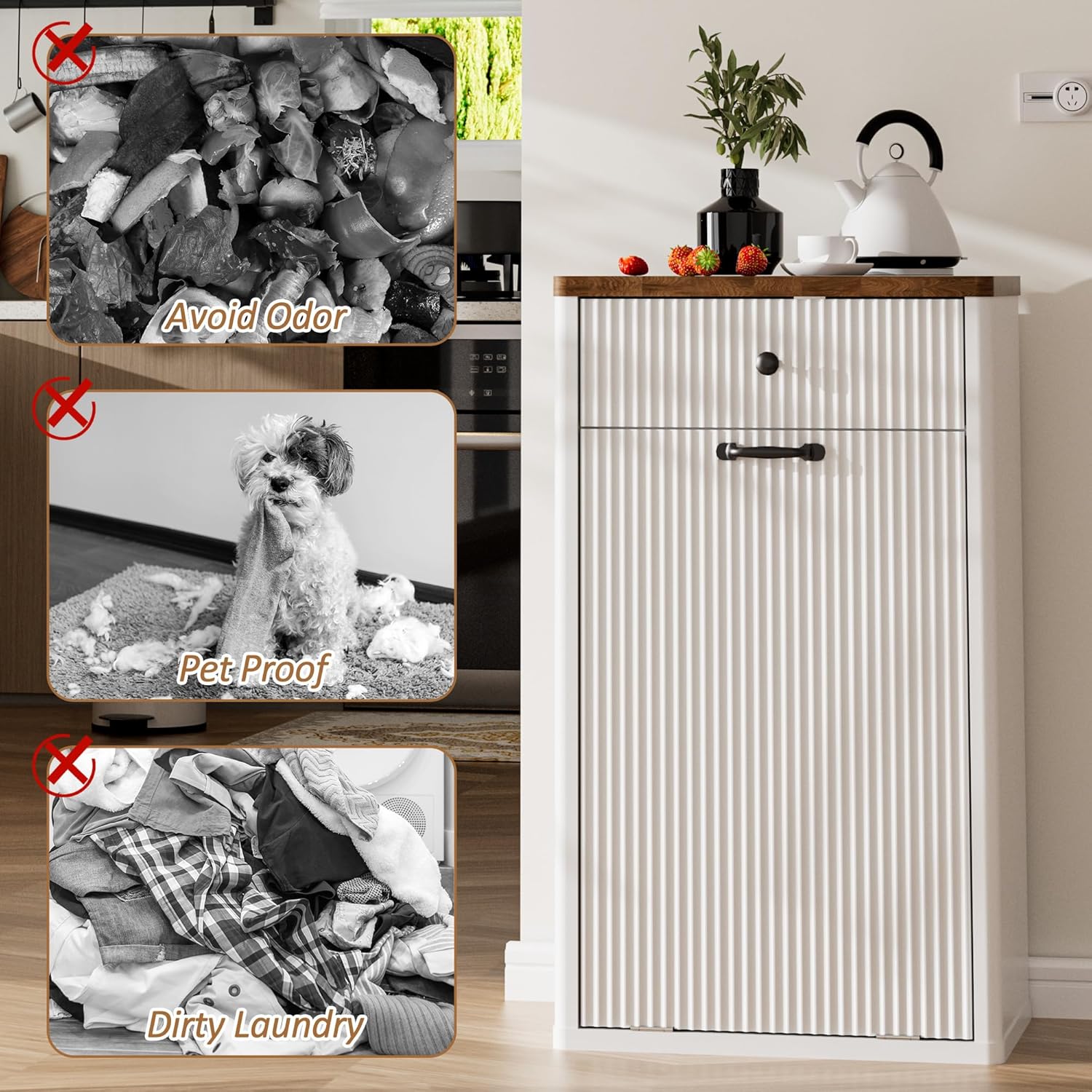 Spurgehom 13 Gallons Tilt Out Trash Can Cabinet Freestanding Kitchen Trash Can Modern Hidden Garbage Recycling Cabinets with Hideaway Drawer Pet Proof Trash Can Holder for Kitchen, White