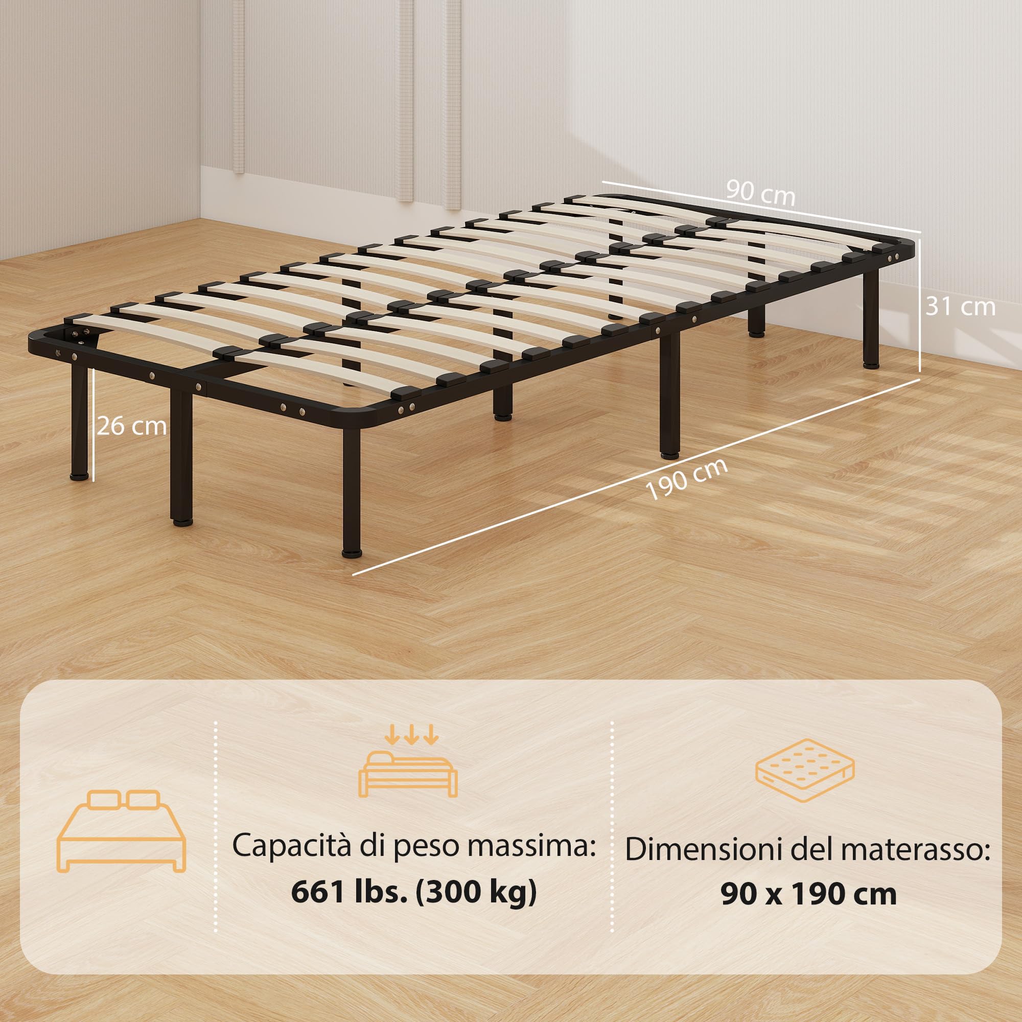 HOMCOM Struttura Letto Singolo 90x190 cm a 28 Doghe, Rete Letto Singolo in Legno con Struttura in Acciaio e Spazio Contenitore Inferiore, per Camera da Letto, Montaggio Facile, Altezza 31cm, Nero