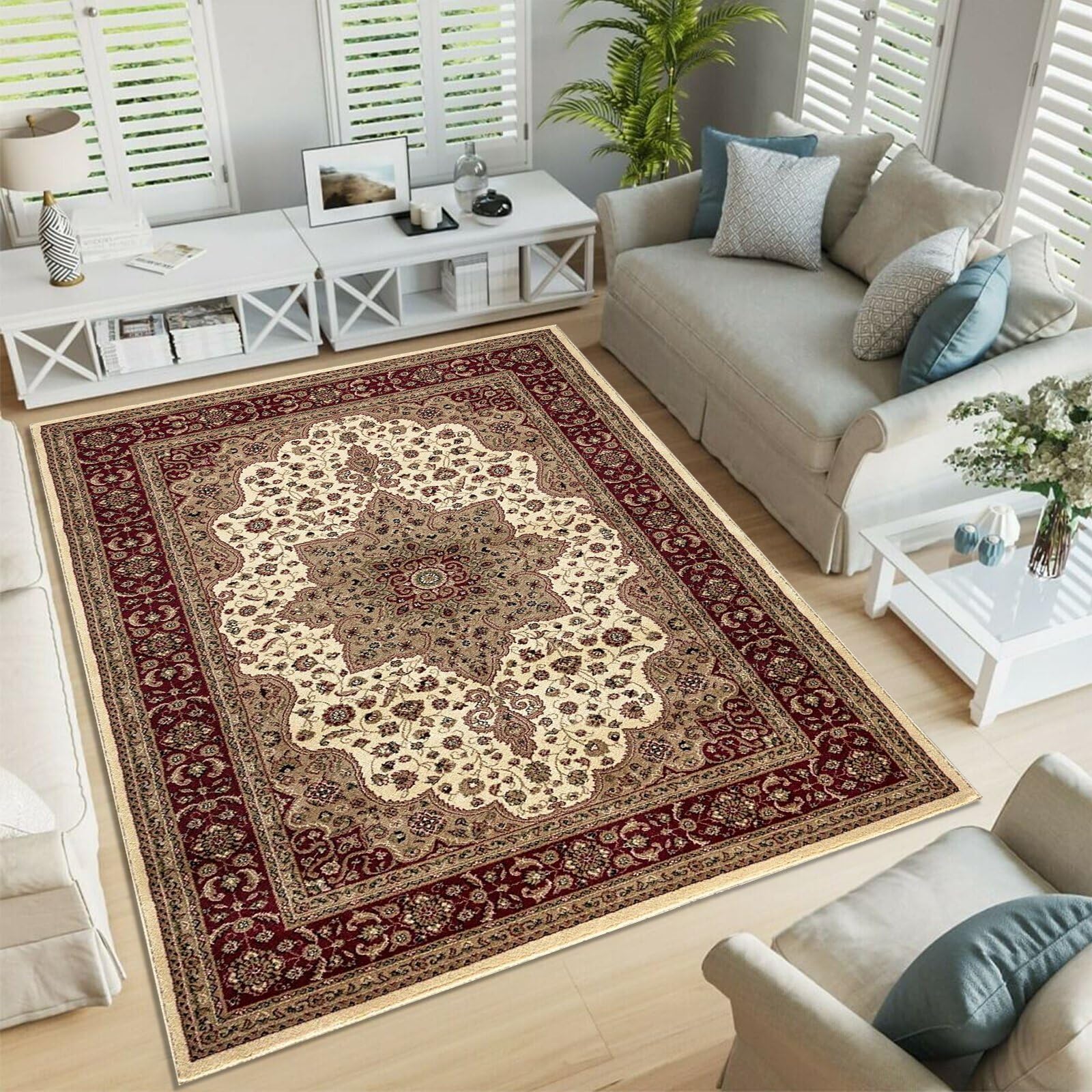 renoazul® Traditional Rugs Living Room 240 x 320 cm - Washable Cream Large Rugs For Living Room - Rome Vintage Bedroom Carpet