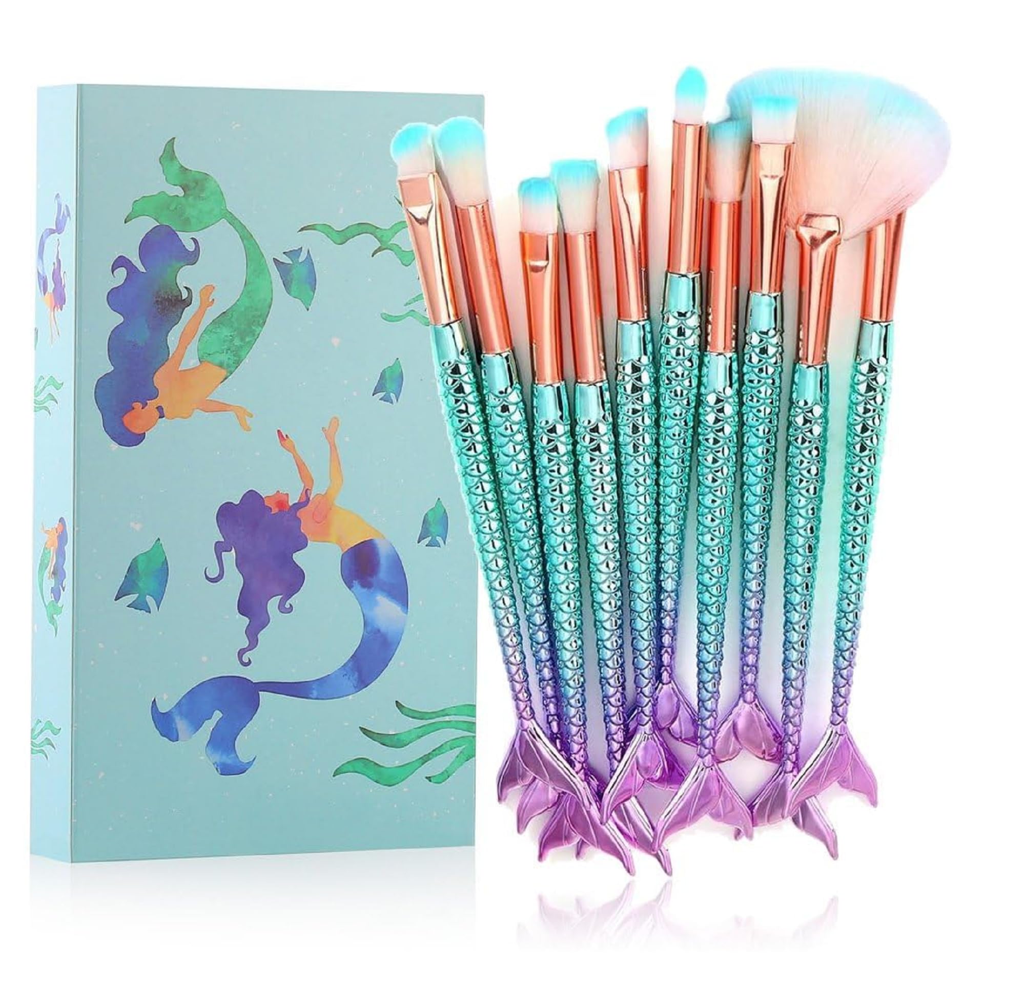 10 Pcs Mermaid Eye Makeup Brushes Set with Gift Box,Professional Cosmetic Brushes Kit with Soft Hairs, for Foundation, Powder, Eyeshadows, Blending,Concealer, Eyeliner,Eye Brow, highlighter-image-19