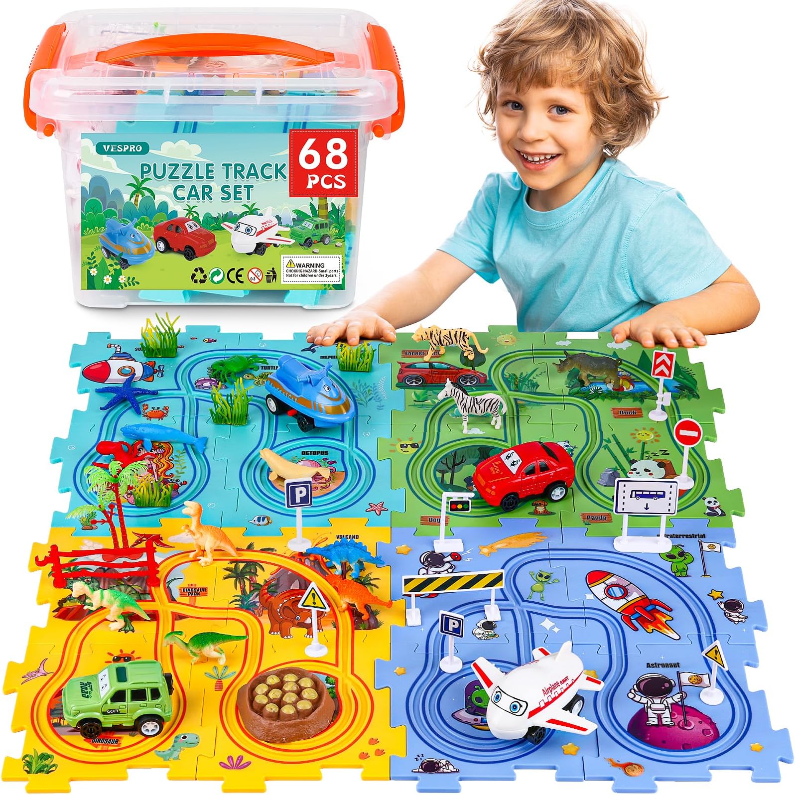 VESPRO 4 Series Toddler Car Track Set, 68PCS Kids Car Track Play Set, Educational Puzzle Toys for Kids Ages 3+ Boys and Girls