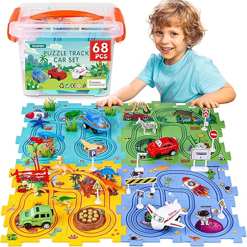 Juego de 68 pistas de autos para niños, rompecabezas de carreras de 4 series, juego de autos de pista de rompecabezas, pista de rompecabezas,