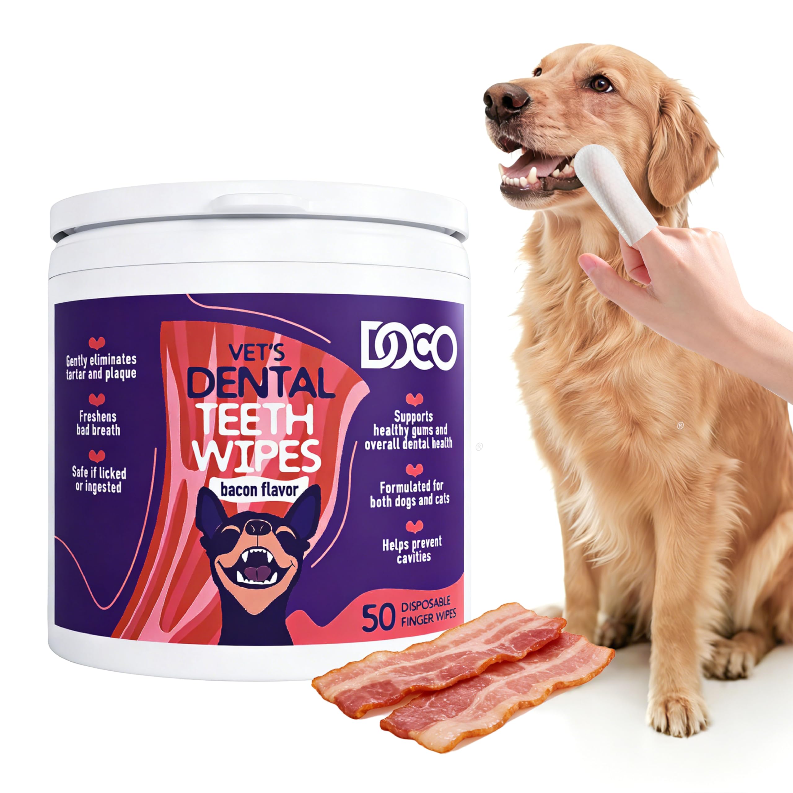 Dog Teeth Cleaning Wipes Bacon Flavor Dental Finger Wipes 50 Count for Dogs & Cats, Plaque & Tartar Remover, Fresh Breath, No Rinse, Easy & Effective Pet Tooth Cleaning Kit for Oral Care