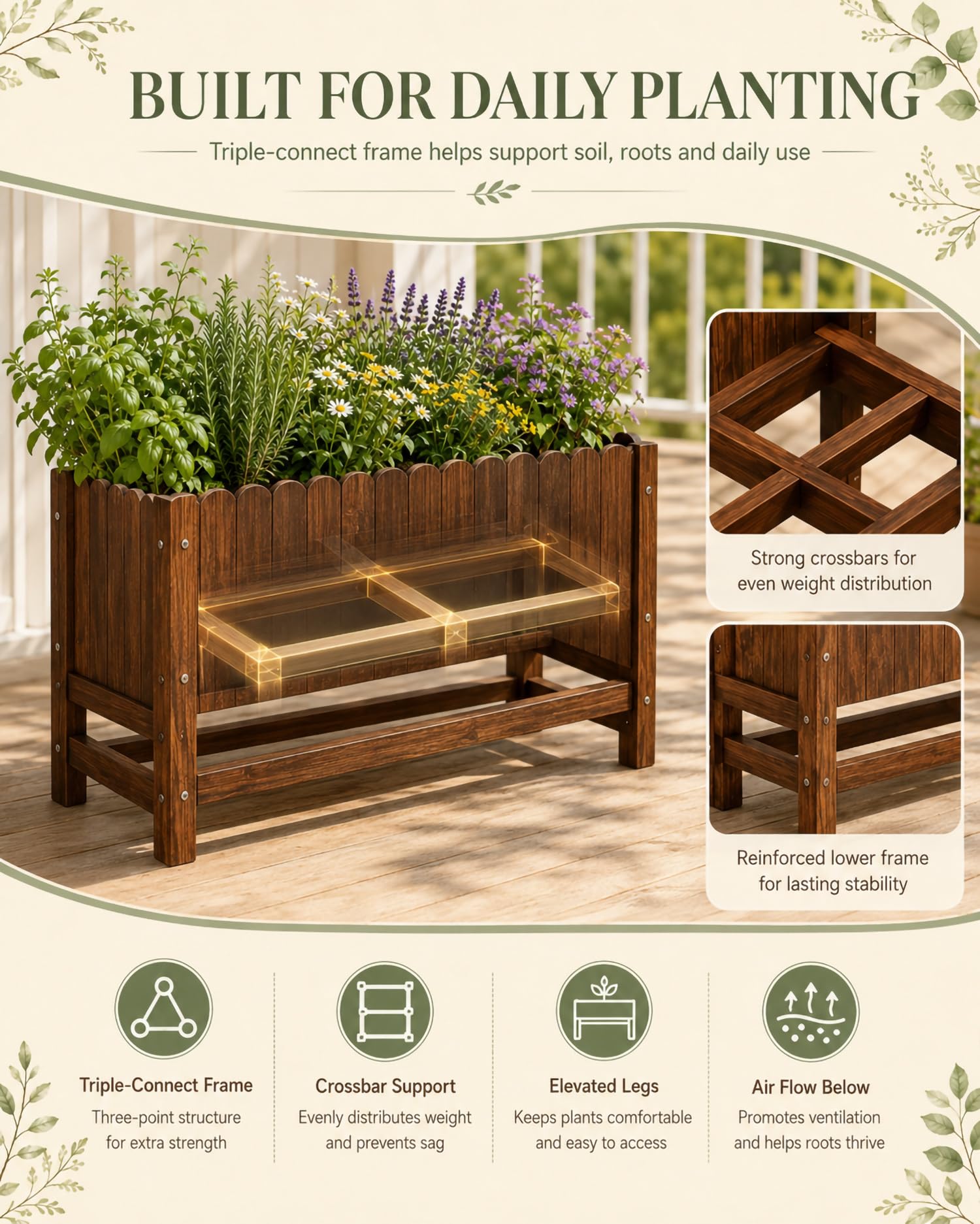 Huerto Urbano Madera para Jardín Y Terraza, Jardinera Elevada con Patas Y Marco Reforzado, Bancal Alto para Verduras, Hierbas, Flores, Balcón Y Porche,Blanca,106 * 30 * 86cm