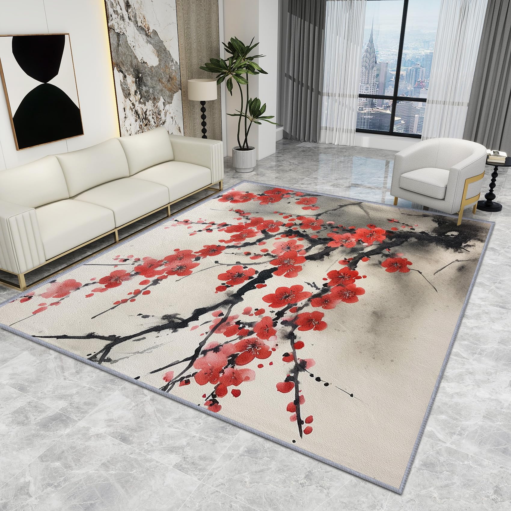 Japanese Style Rug - Cherry Blossom Rug - Japan Floral Asian Traditional Rugs, Oriental Flower Carpet, Washable Rug Non Slip Low Pile Soft Small Area Rugs, Cherry Blossom Home Decor Gifts, 50 X 80 cm